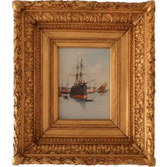 Charming Painting of A Masted Cargo Boat and Sailboat