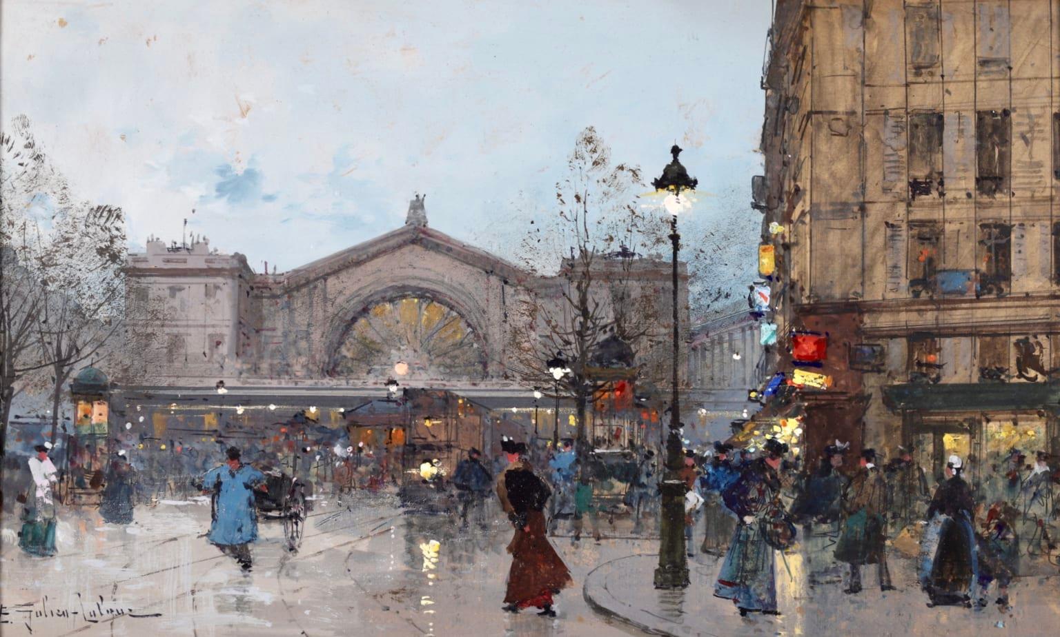 East Station, Paris - Figures in Winter Cityscape by Eugene Galien-Laloue