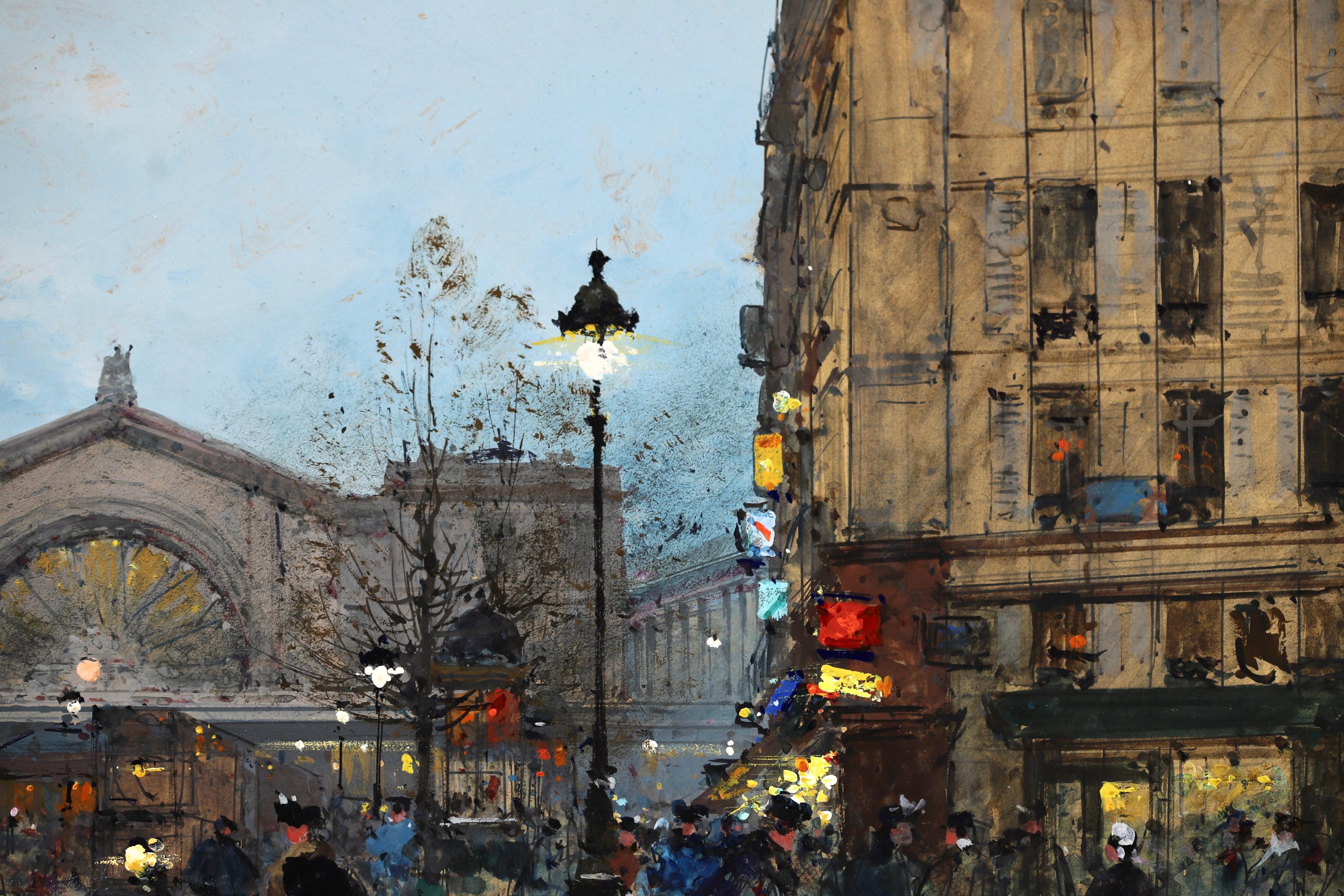Beautiful gouache on board figures in landscape circa 1900 by French impressionist painter Eugene Galien-Laloue.  The piece depicts a bustling scene outside la gare de l'est (East Station), Paris on a cold winter's day. 

Signature:
Signed lower