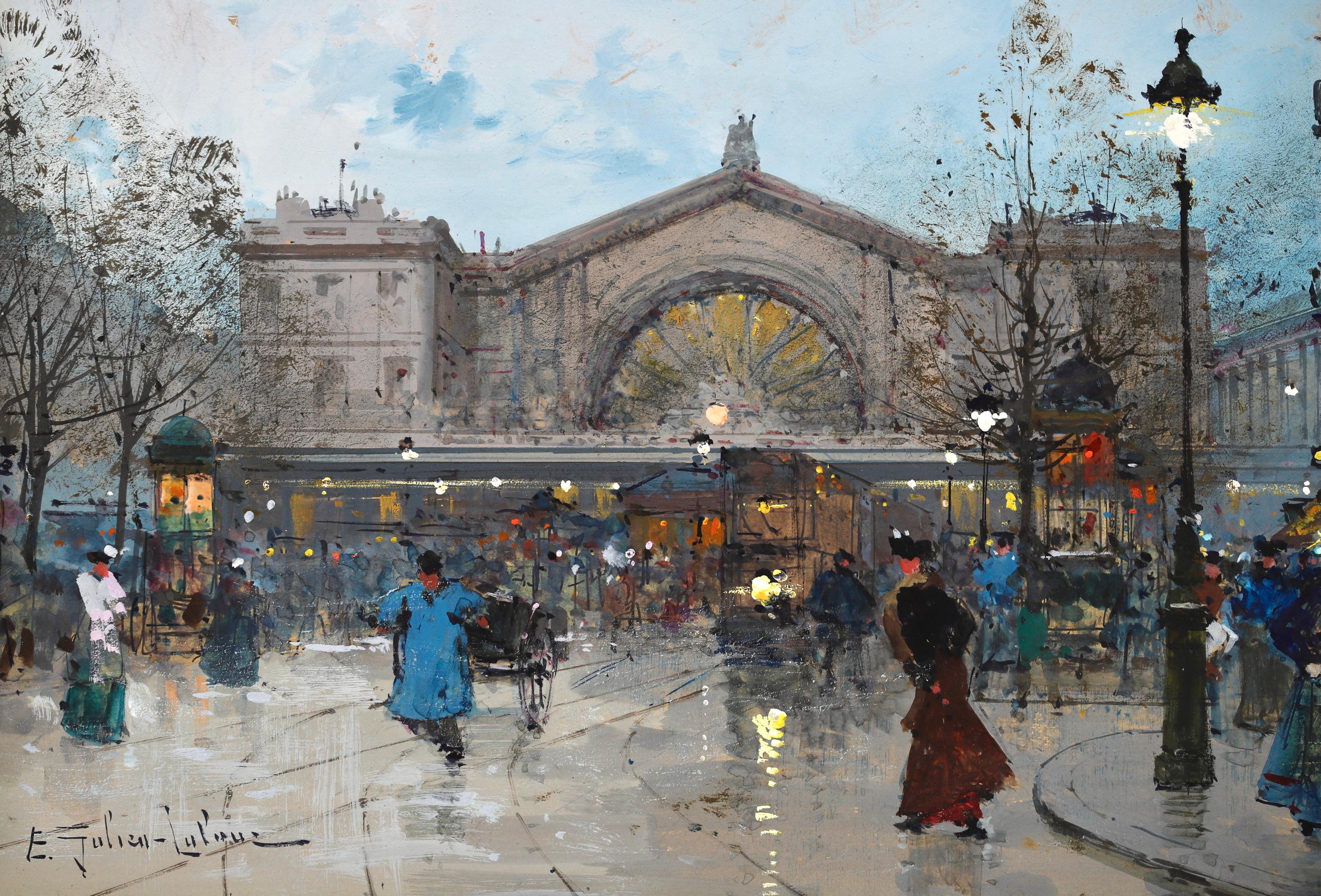 East Station, Paris - Impressionist Gouache, Cityscape by Eugene Galien-Laloue 1