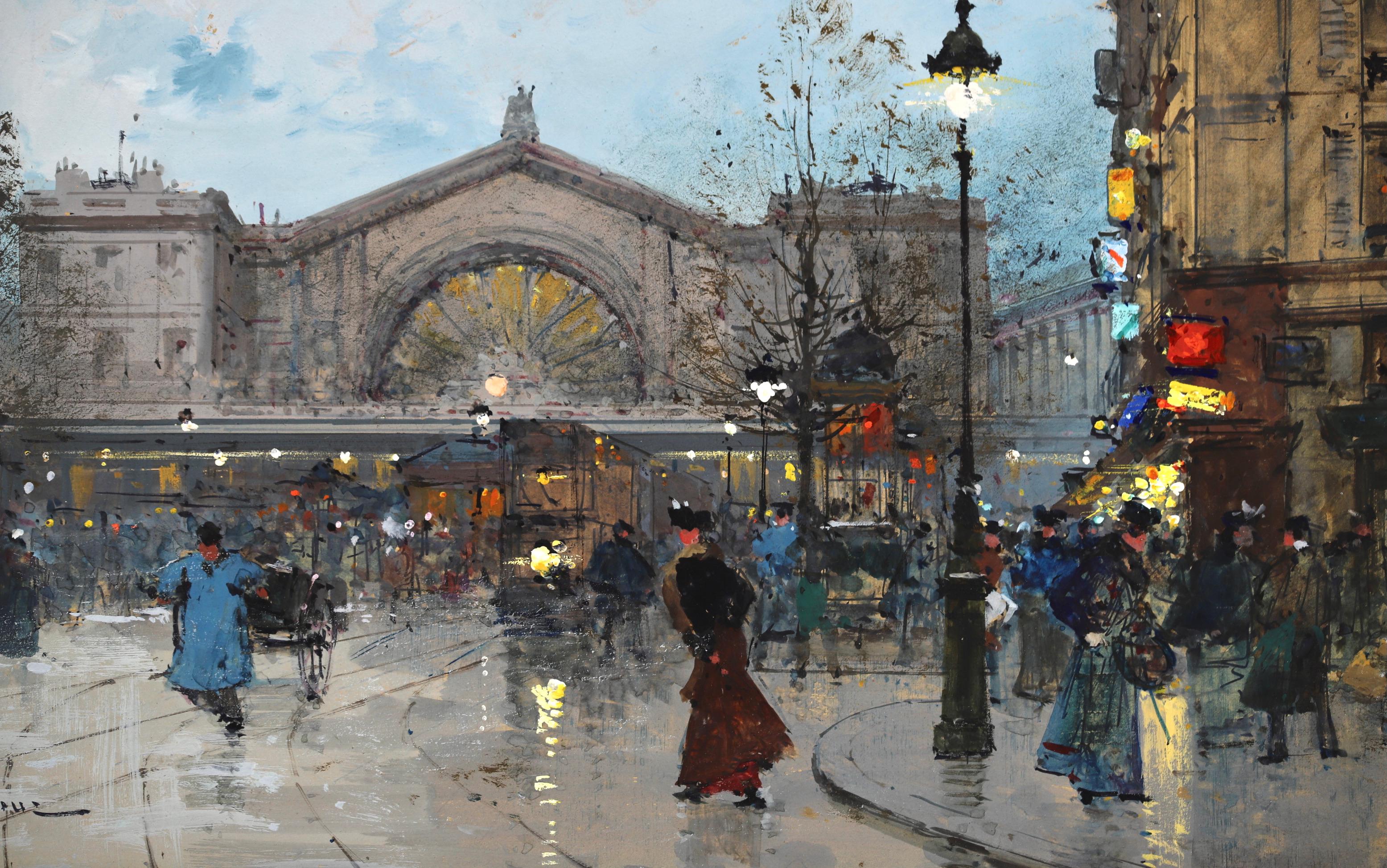 East Station, Paris - Impressionist Gouache, Cityscape by Eugene Galien-Laloue 2