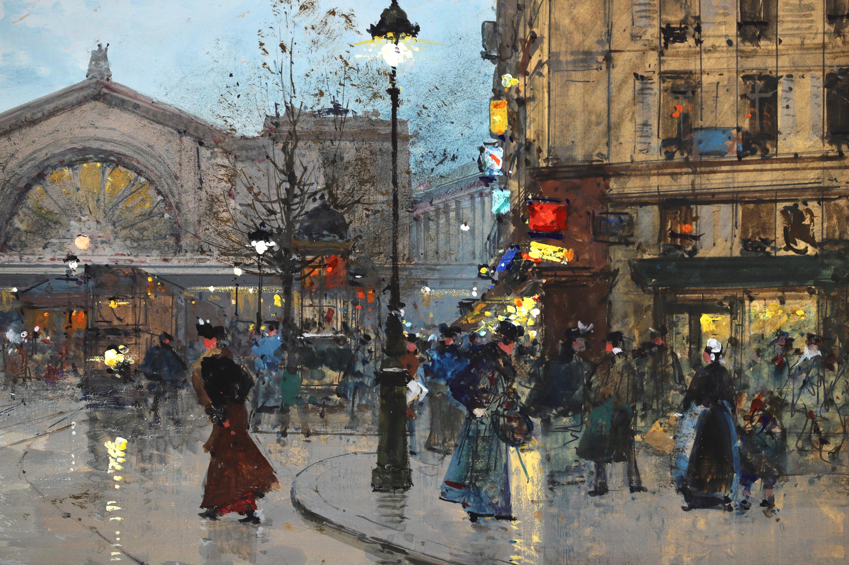 East Station, Paris - Impressionist Gouache, Cityscape by Eugene Galien-Laloue 3