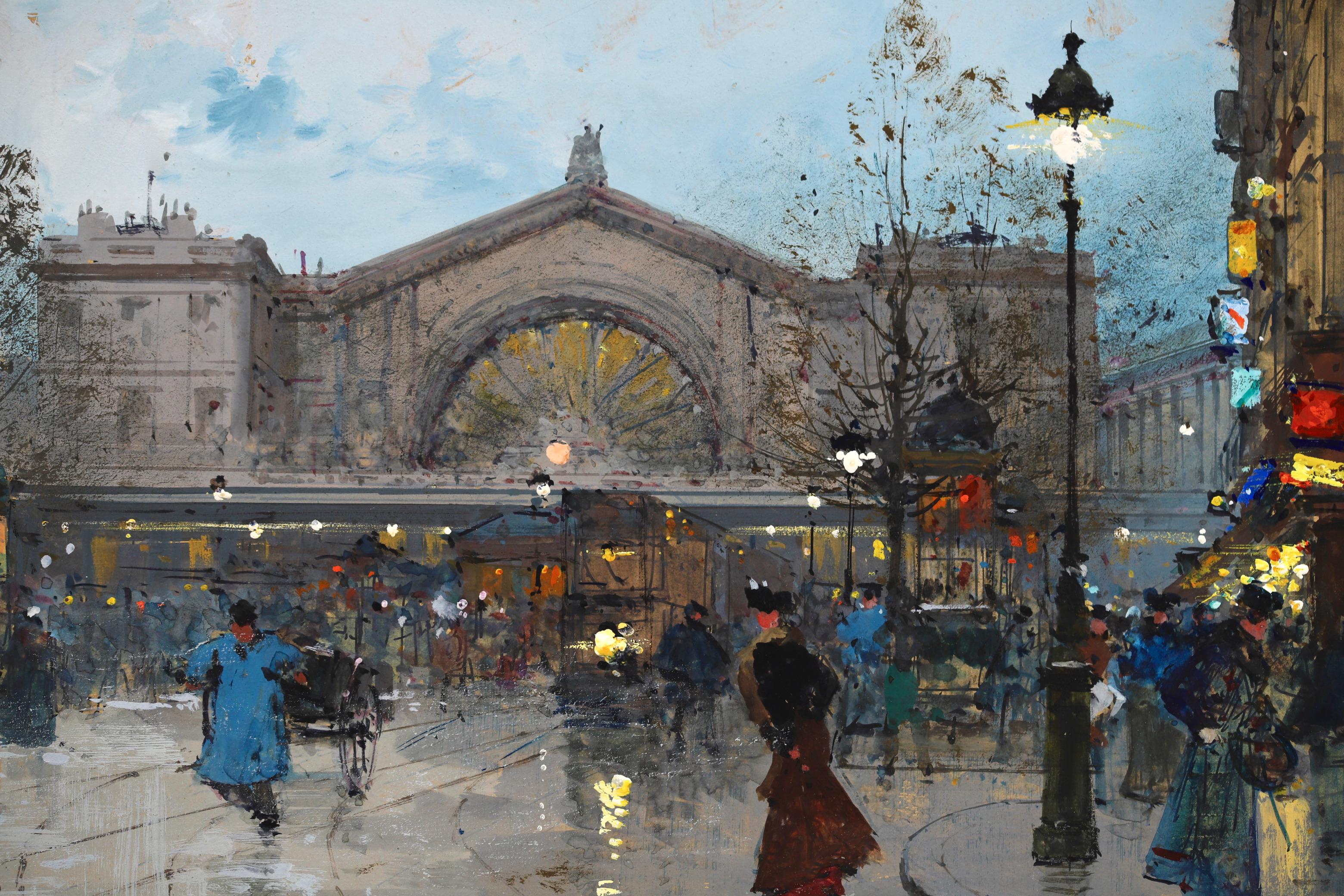 East Station, Paris - Impressionist Gouache, Cityscape by Eugene Galien-Laloue 4