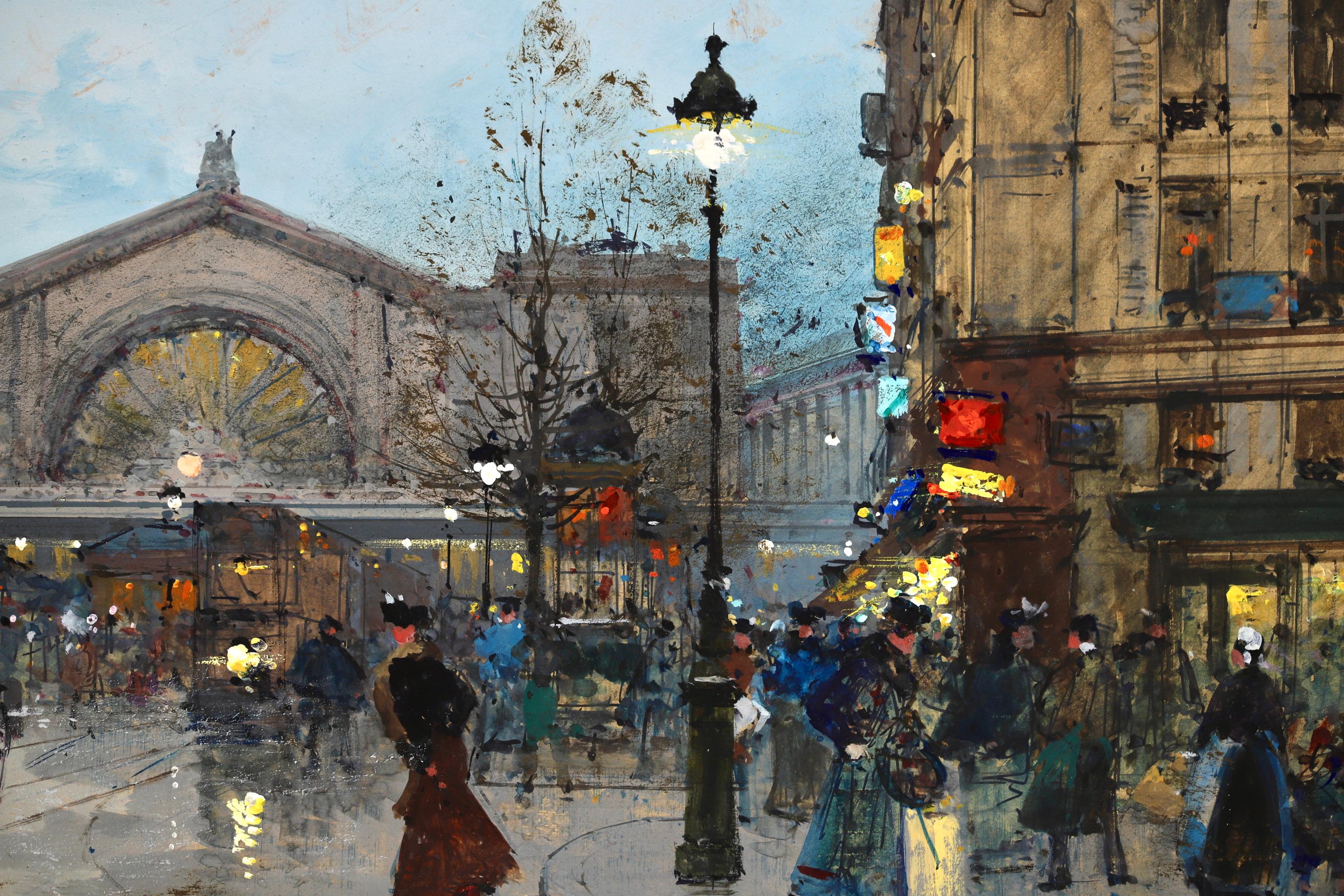 East Station, Paris - Impressionist Gouache, Cityscape by Eugene Galien-Laloue 5