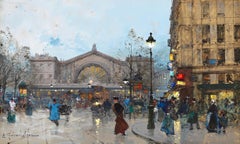 East Station, Paris - Impressionist Gouache, Cityscape by Eugene Galien-Laloue
