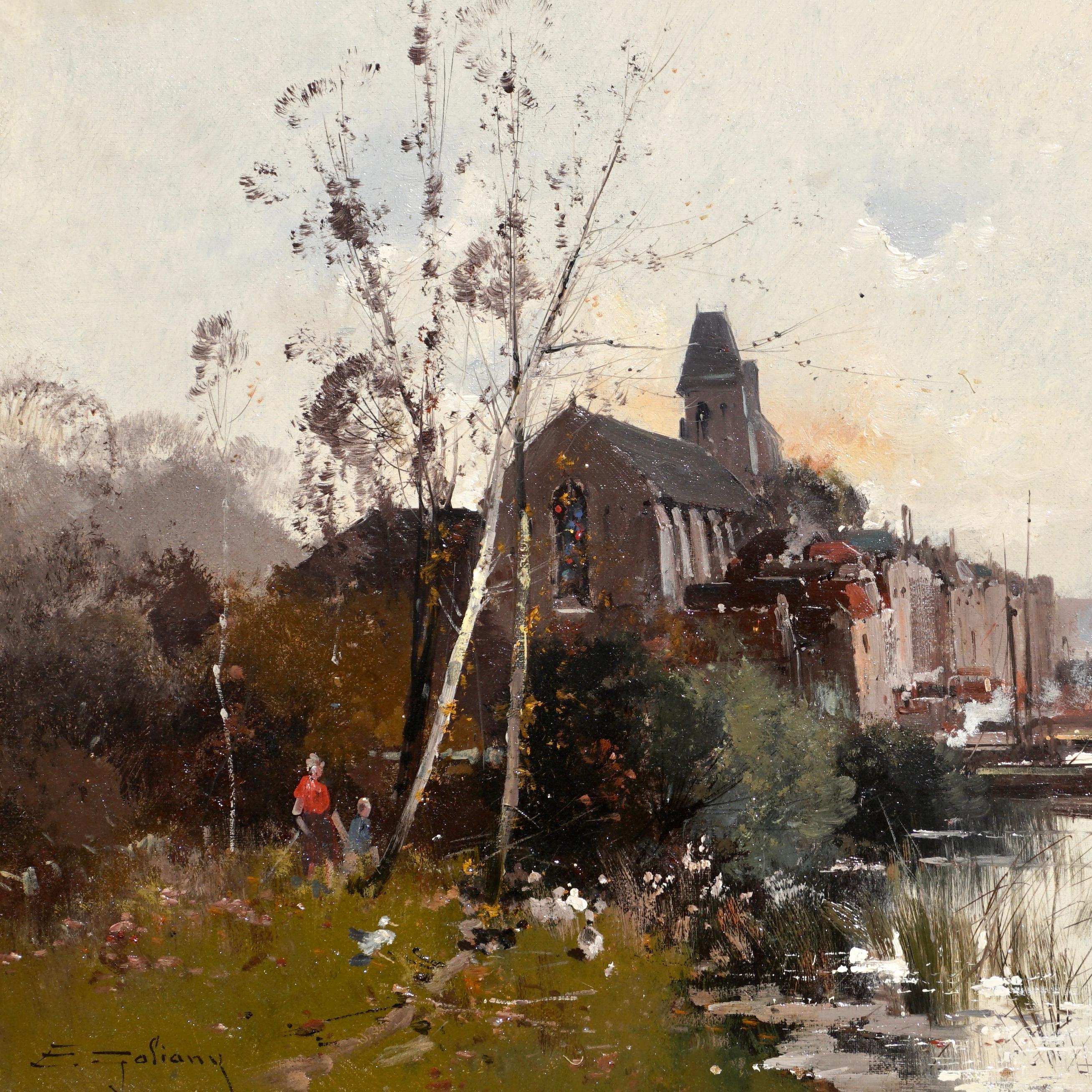 Eugene Galien Laloue (Franzose, 1854-1941) Großes Landschaftsgemälde in Öl auf Leinwand mit Figuren und Gebäuden am Rande von Paris an der Seine.

Let Of The Sun, Les Andelays, Seine, Öl auf Leinwand Gemälde. 

Signiert mit Pseudonym 
