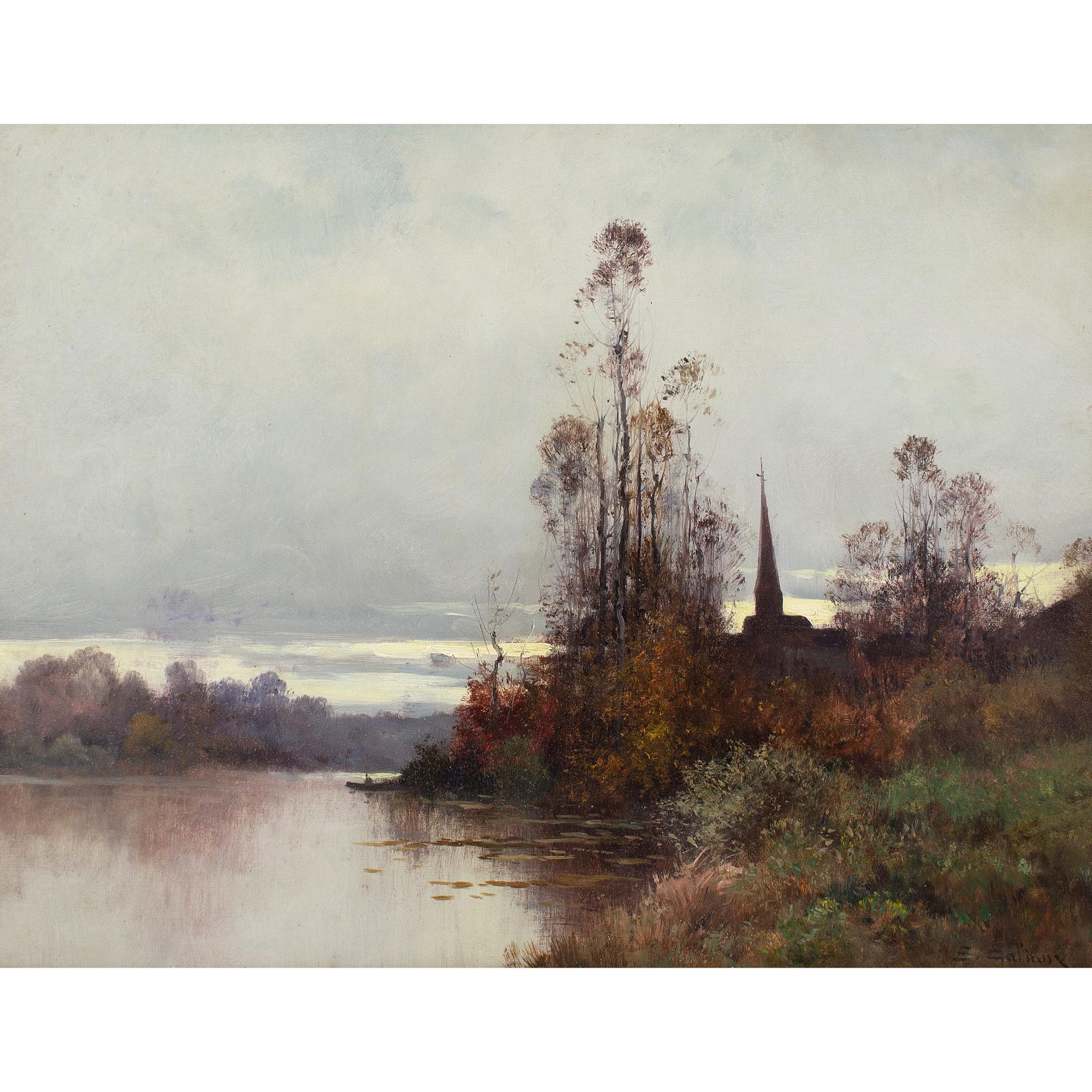 Eugène Galien-Laloue, Paisaje fluvial con iglesia - Painting de Eugene Galien-Laloue
