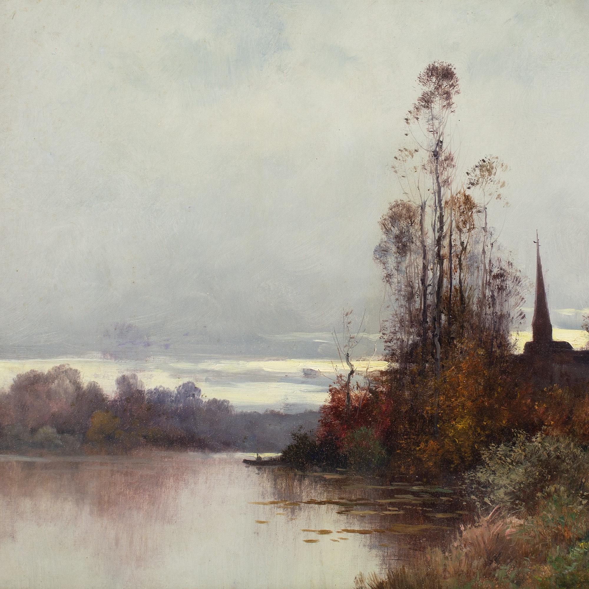 Eugène Galien-Laloue, Paisaje fluvial con iglesia 3
