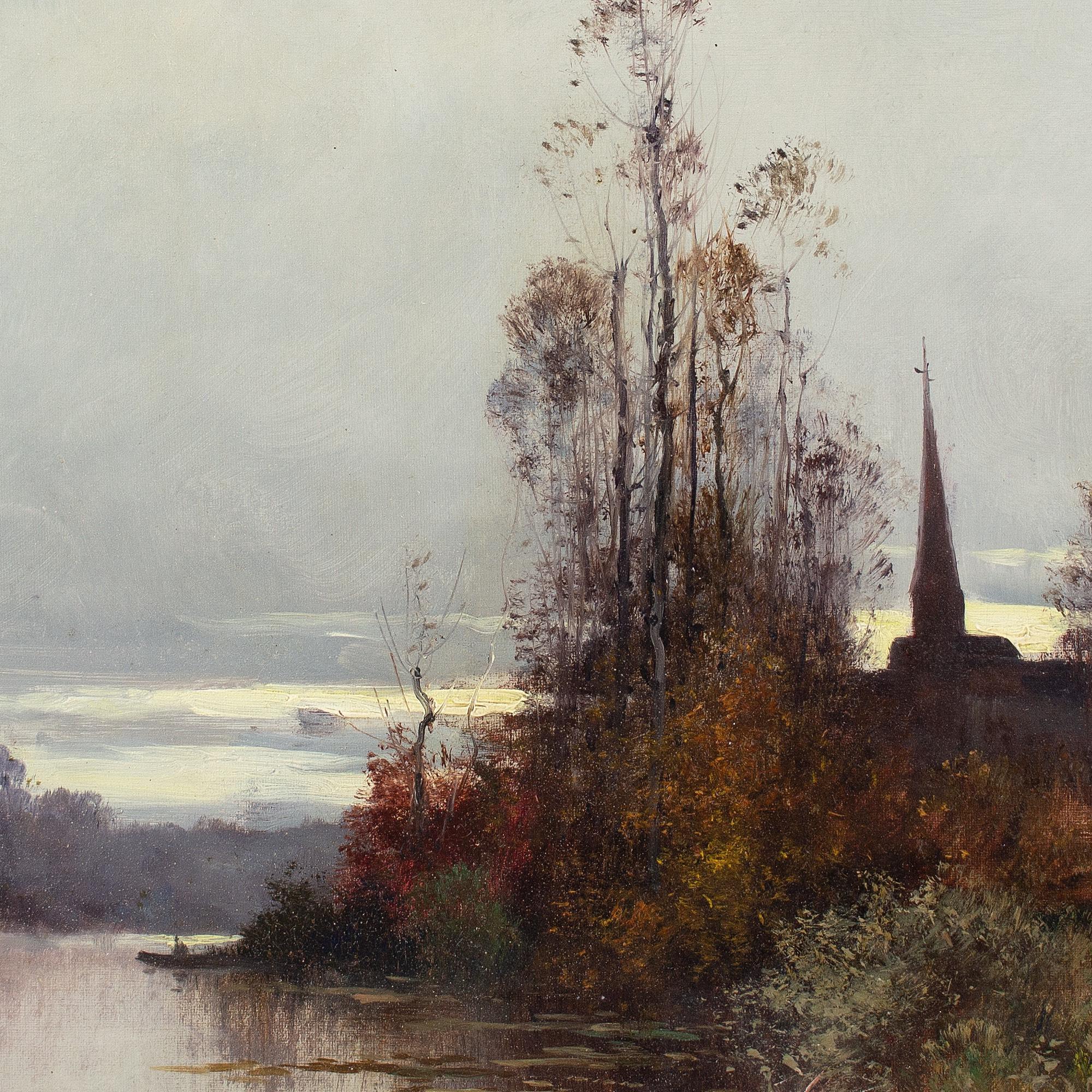 Eugène Galien-Laloue, Paisaje fluvial con iglesia 4