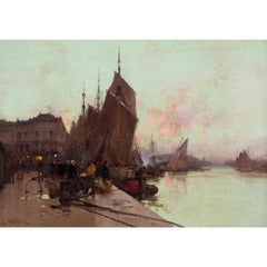 Eugene Galien-Laloue, déchargement de poissons, lever de soleil, Dieppe
