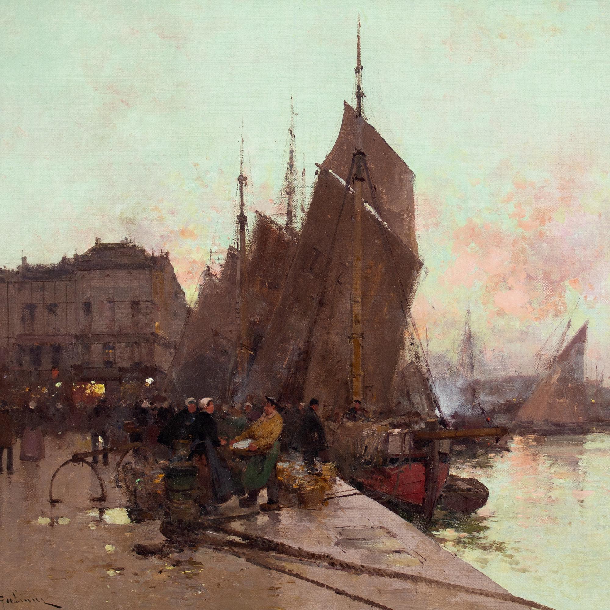 Eugene Galien-Laloue, Unloading Fish, Sunrise, Dieppe For Sale 4