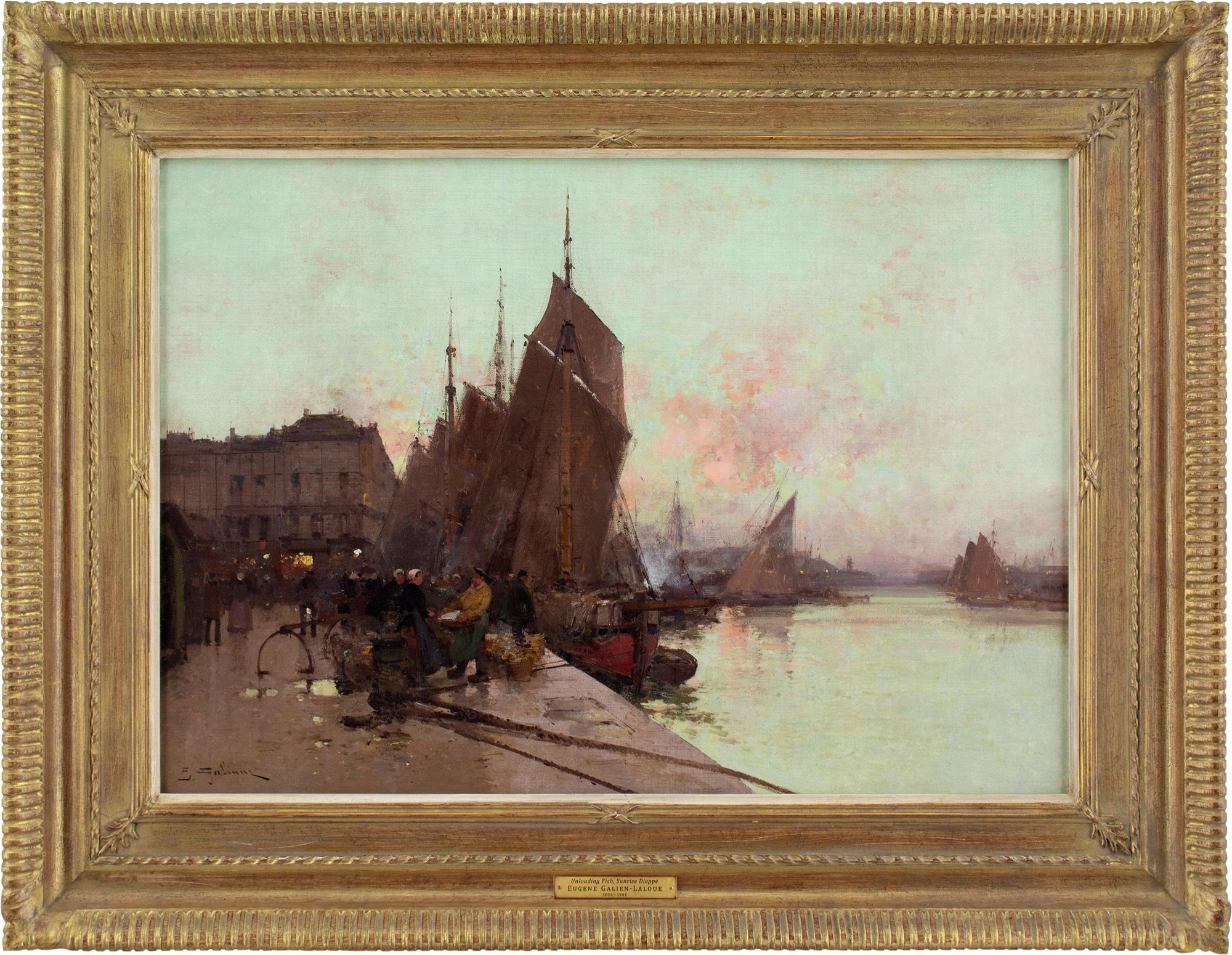 This beautiful early 20th-century oil painting by French artist Eugène Galien-Laloue (1854-1941) depicts several figures unloading fish at the port of Dieppe.

Eugène Galien-Laloue is known for his naturalistic plein-air depictions of Normandy and