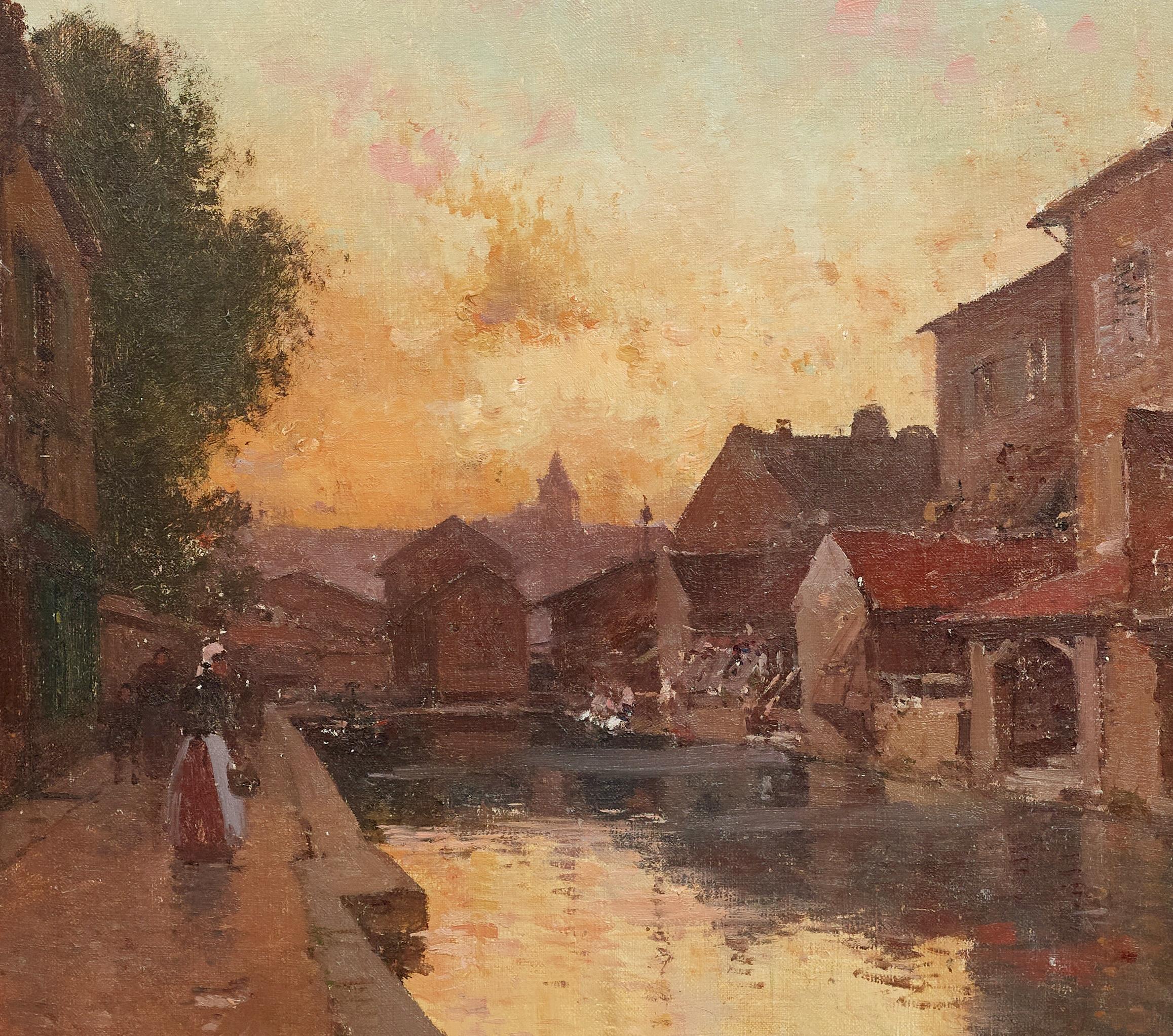 Abendglühen, Granville, Pariser Straßenszene impressionistische Malerei, Sonnenuntergang im Angebot 1