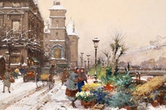 Flower Seller - Impressionist Figures in Snowy Cityscape by Eugene Galien-Laloue