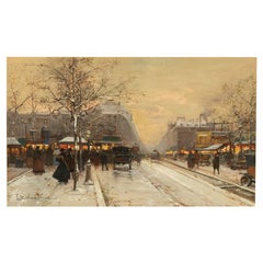 French Impressionist Painting Winter Landscape Scene "Foire de Montmartre" Paris