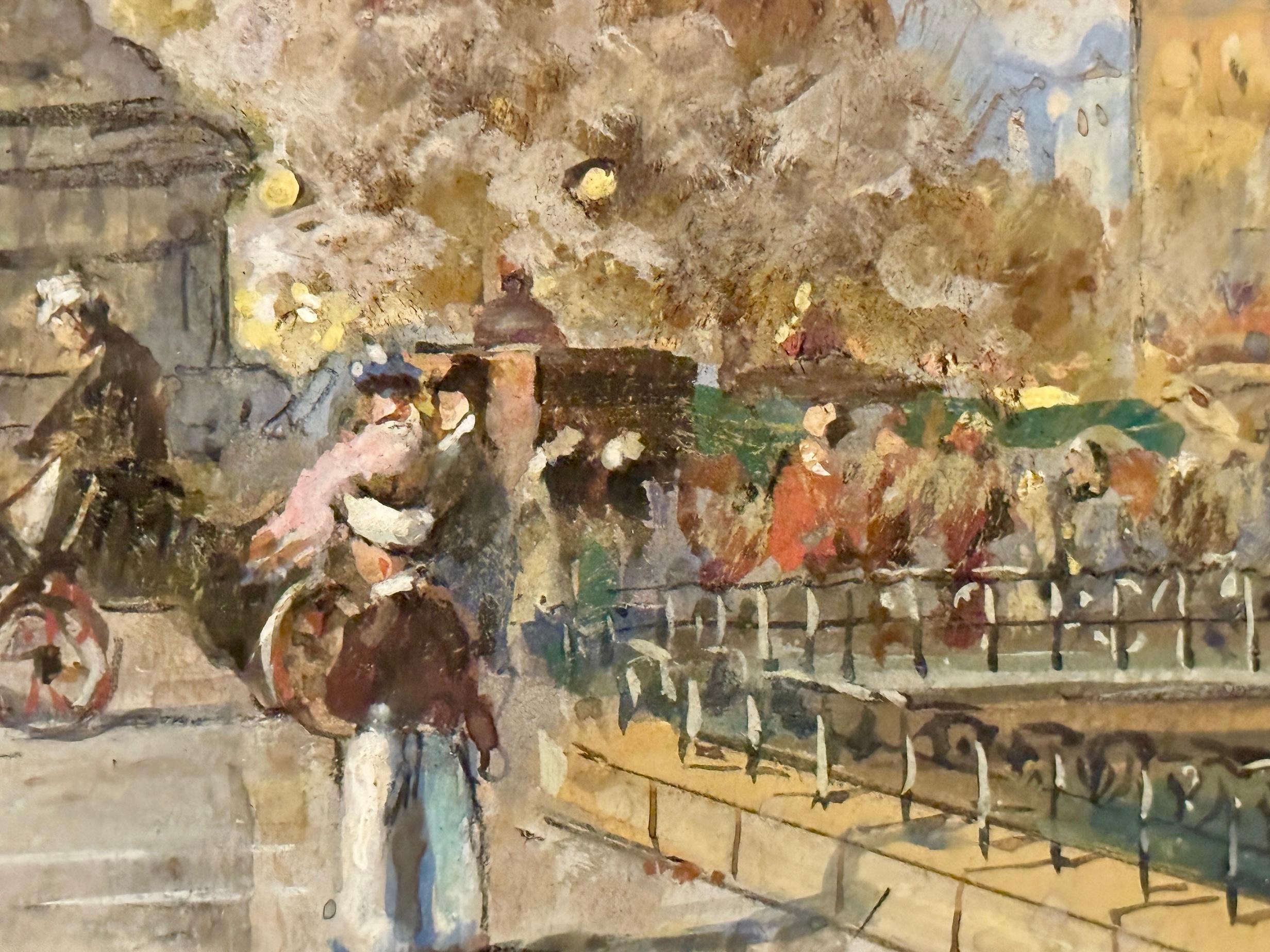 Französischer Impressionist, Place de la République.Figuren, Pferd und Markt in Paris (Braun), Figurative Painting, von Eugene Galien-Laloue