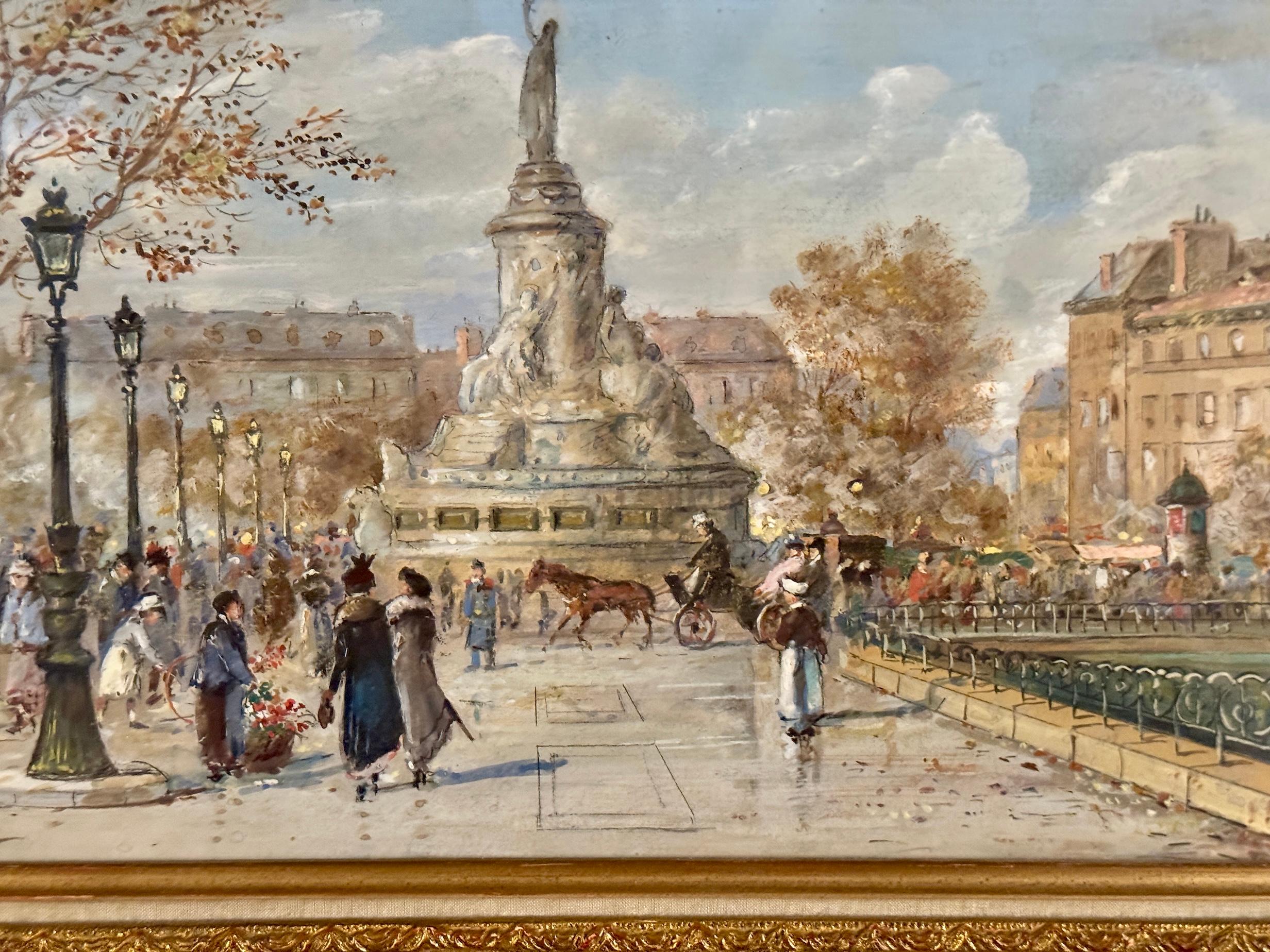 Eugène Galien-Laloue (Französisch, 1854-1941)

Place de la République, Paris, um 1910
Gouache auf Papier
Signiert unten links

⸻

Eine lebendige Pariser Straßenszene von Eugène Galien-Laloue, die den belebten Place de la République während der Belle