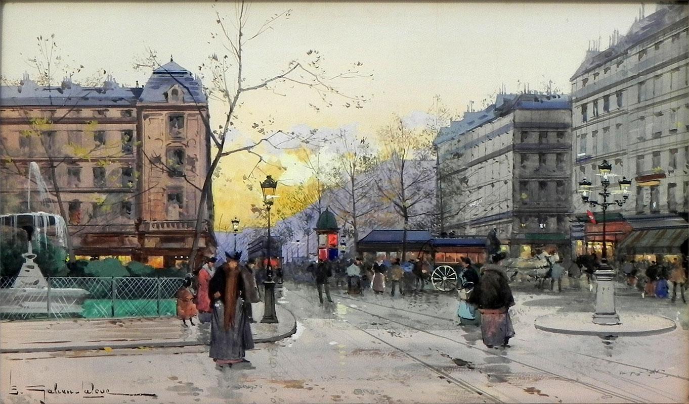 « La Place Pigalle », Galien-Laloue, gouache, impressionnisme français vers 1927 - Painting de Eugene Galien-Laloue