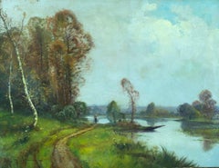 Landscape with Woman Carrying Water, Original Antique Oil on Canvas