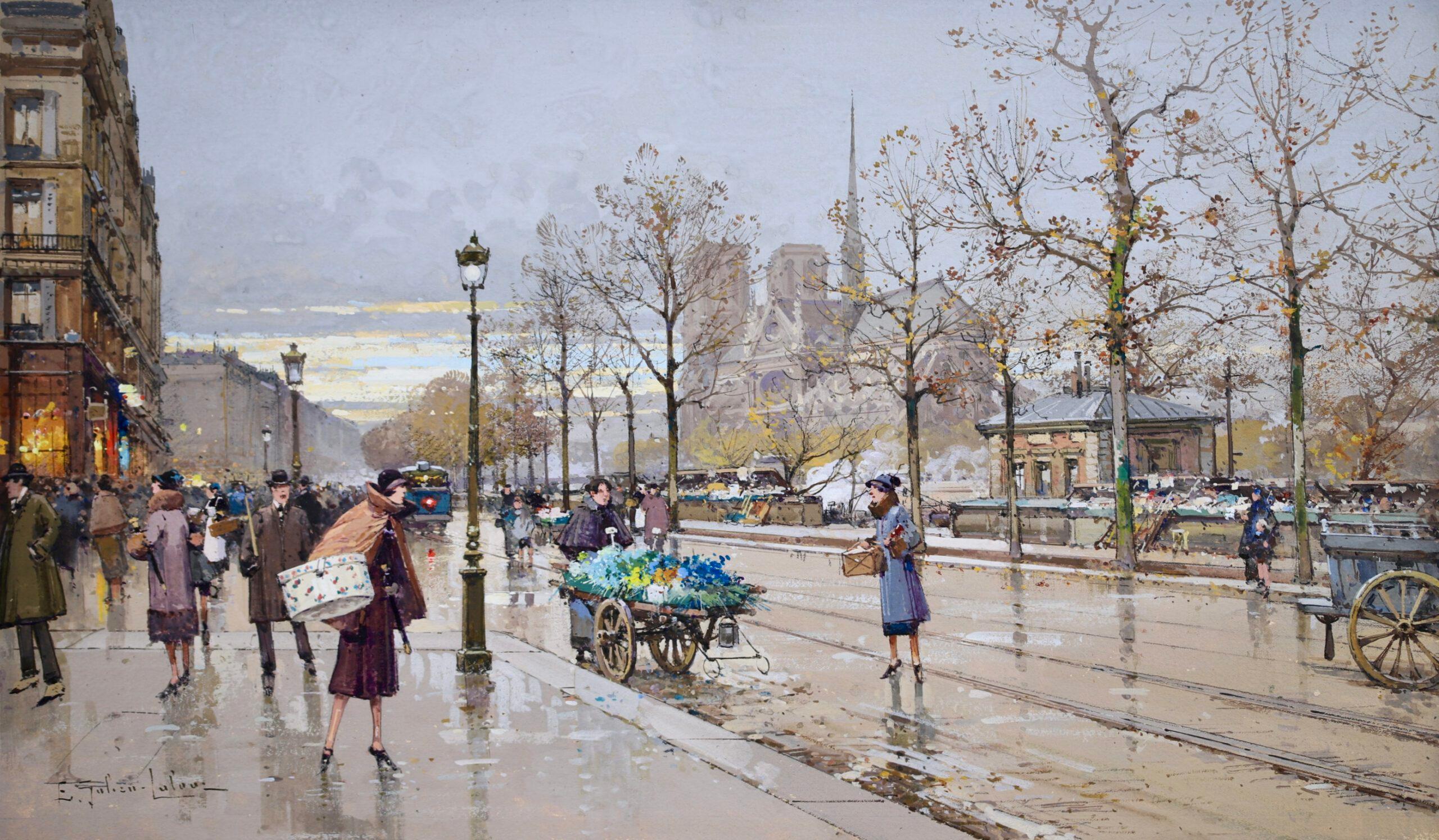 Signed impressionist gouache on paper figures in  landscape circa 1910 by French painter Eugene Galien-Laloue. The piece depicts a street scene at the Quai de la Tournelle, located along the River Seine in the Saint-Victor district of Paris. A