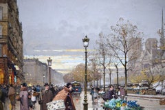 Le Quai de Tournelle - Paisaje urbano impresionista Gouache de Eugene Galien-Laloue