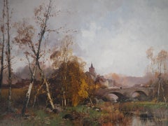 Normandy, Bridge Near a Village - Original painting on canvas - Signed
