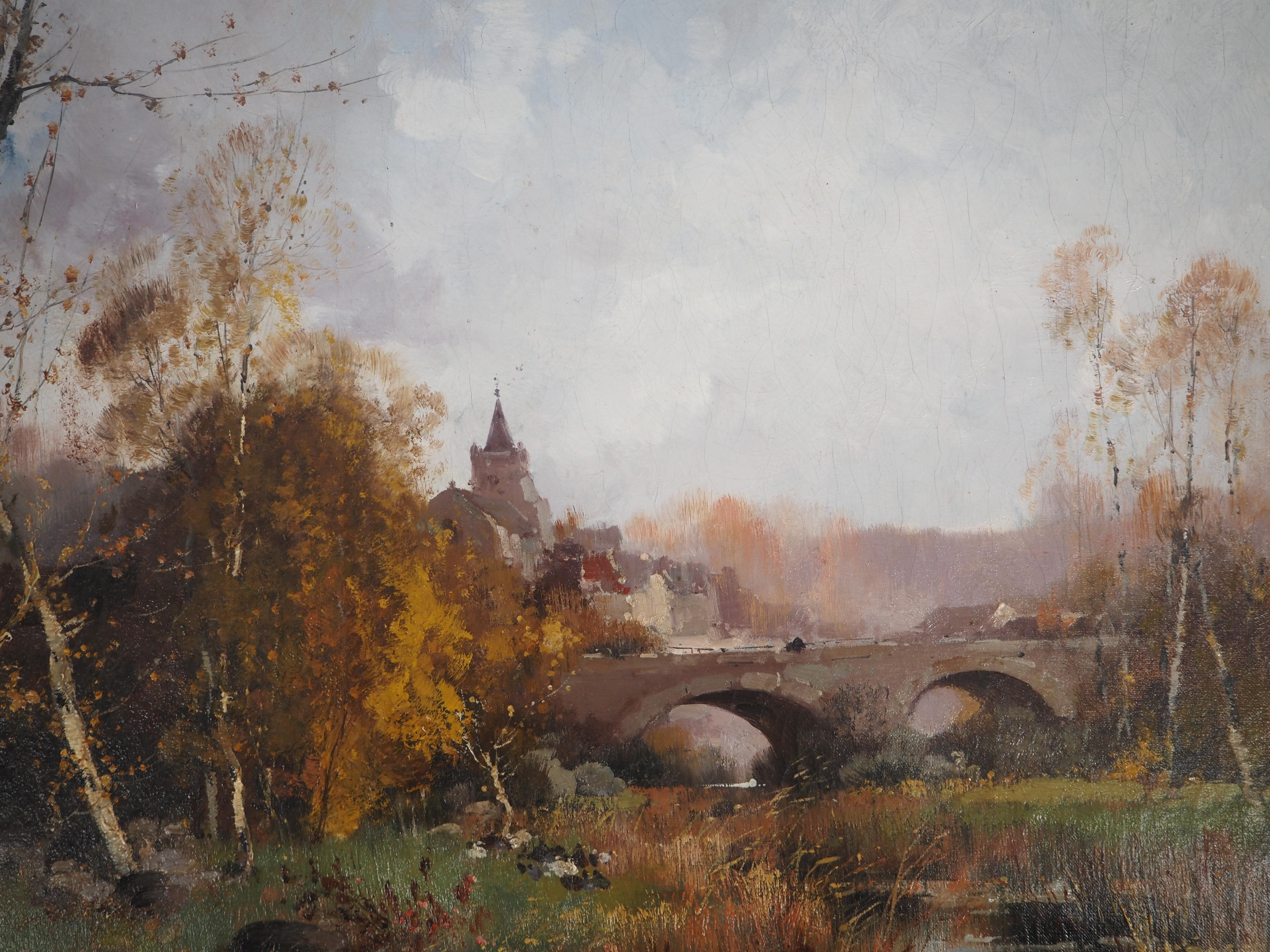 Französische Normandie, Brücke in der Nähe eines Dorfes – Originalgemälde auf Leinwand – signiert (Post-Impressionismus), Painting, von Eugene Galien-Laloue