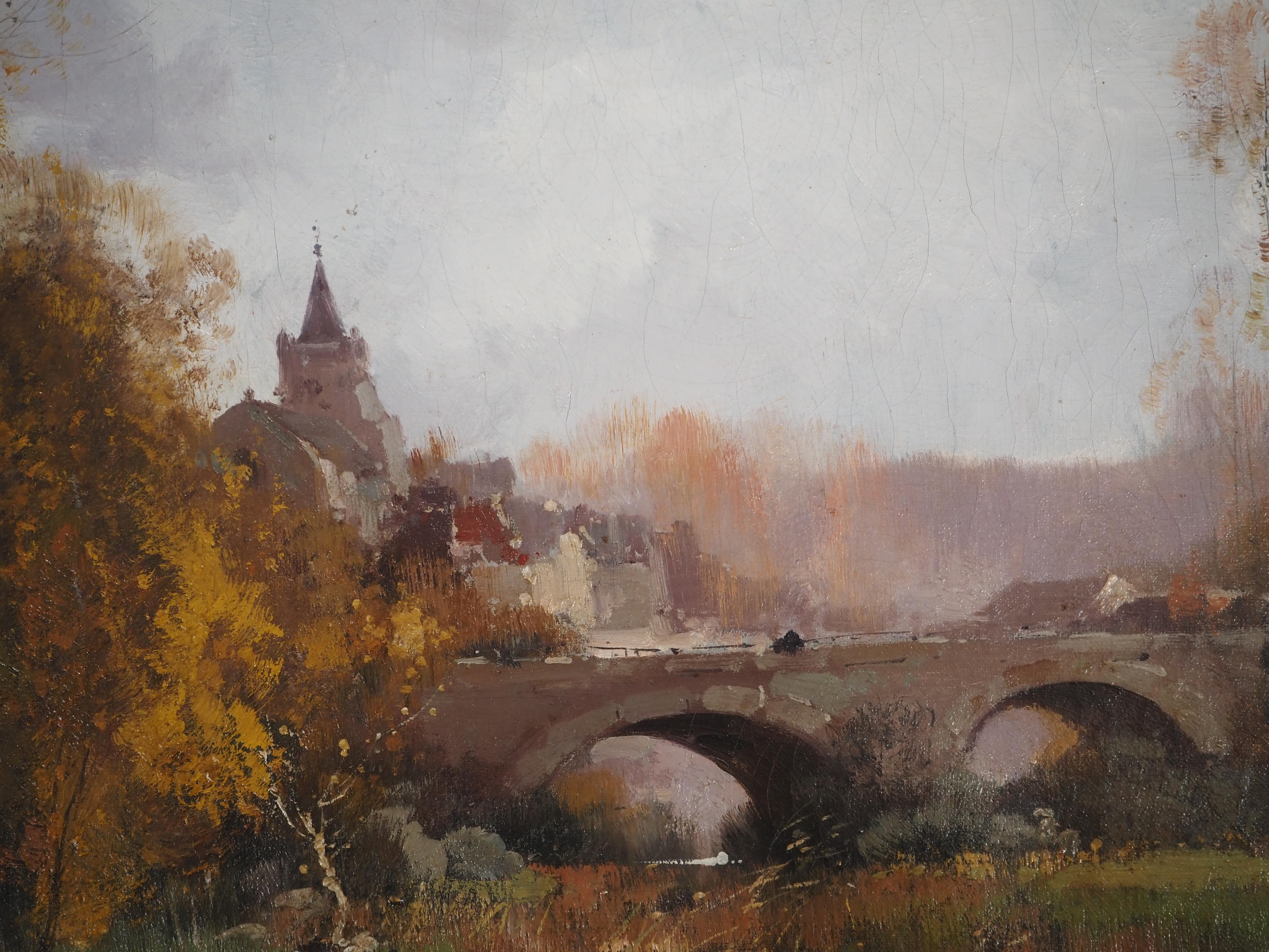 Normandy, Bridge Near a Village - Original painting on canvas - Signed - Gray Landscape Painting by Eugene Galien-Laloue