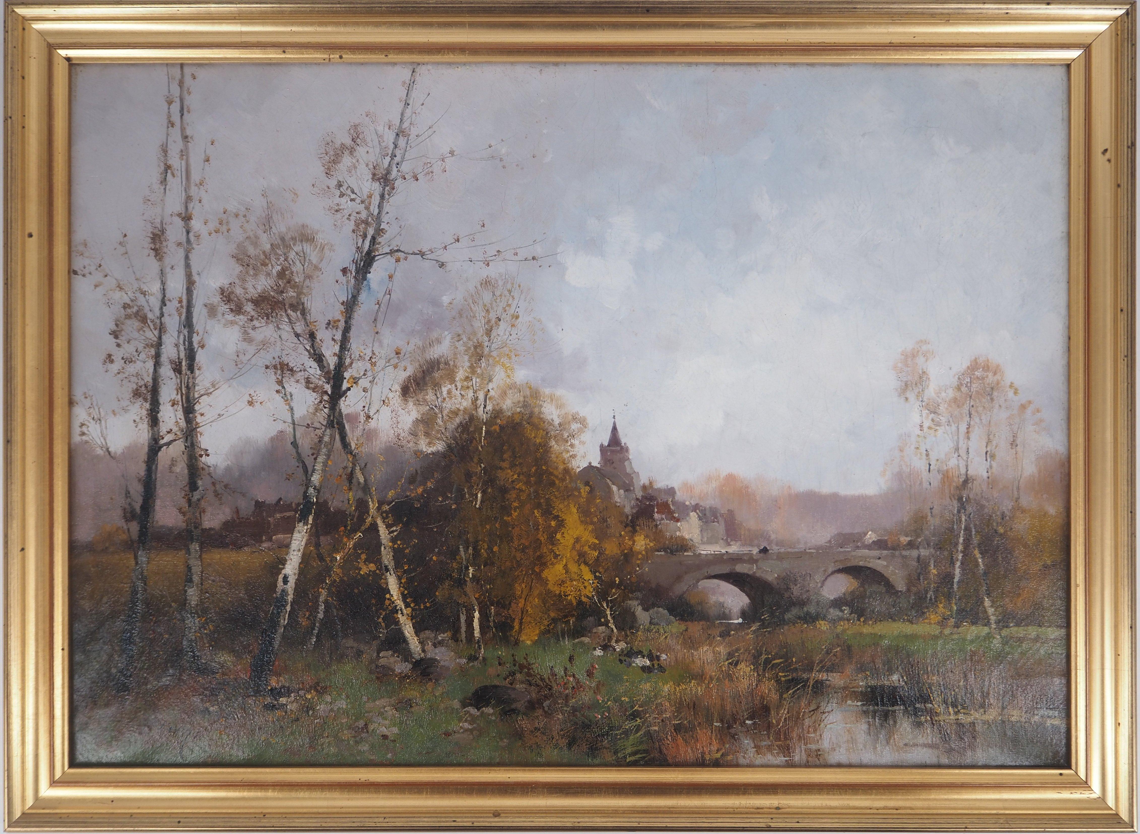 Eugene Galien-Laloue Landscape Painting - Normandy, Bridge Near a Village - Original painting on canvas - Signed