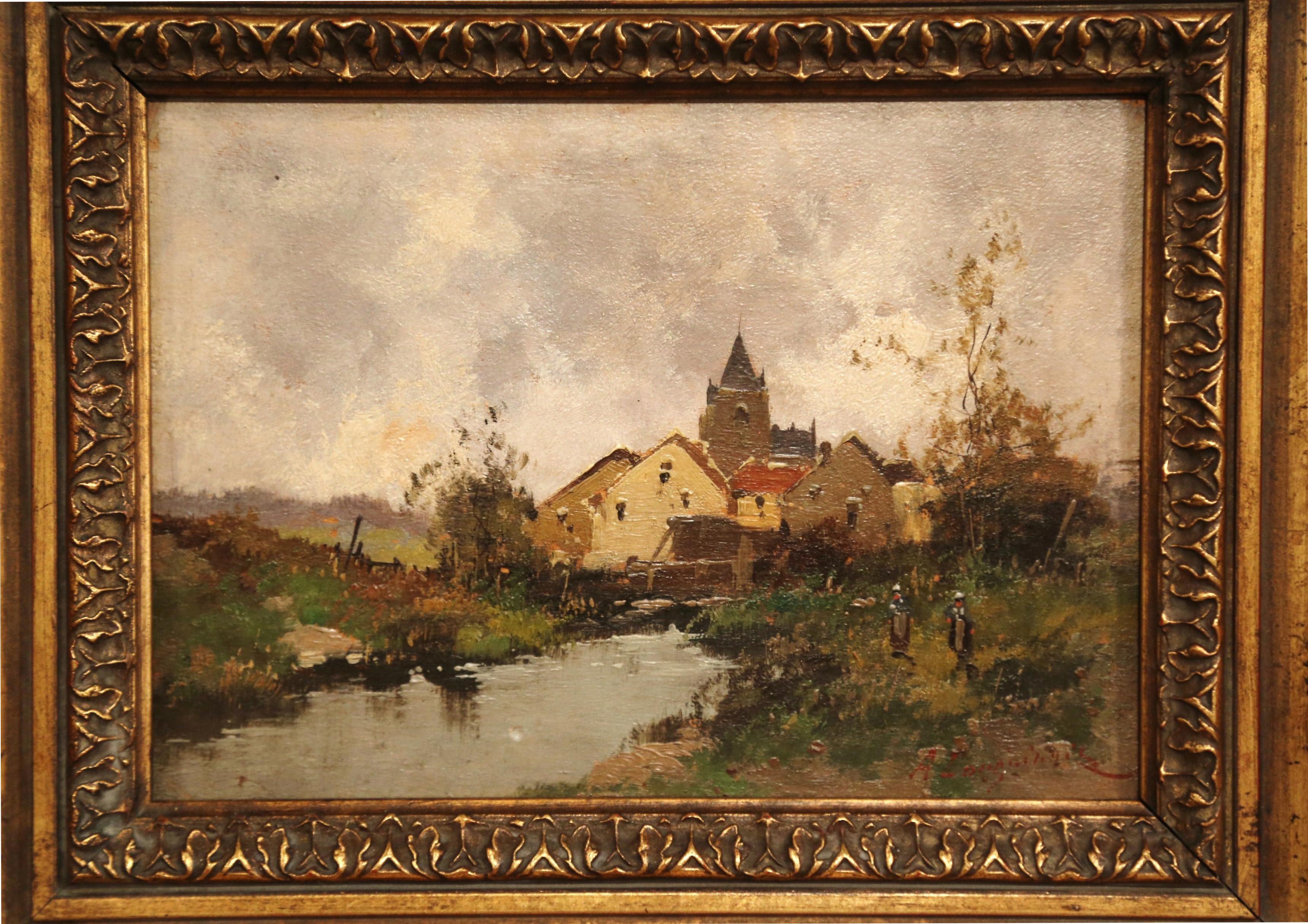 Pair of 19th Century French Oil on Board in Gilt Frames Signed A. Languinais - Impressionist Painting by Eugene Galien-Laloue