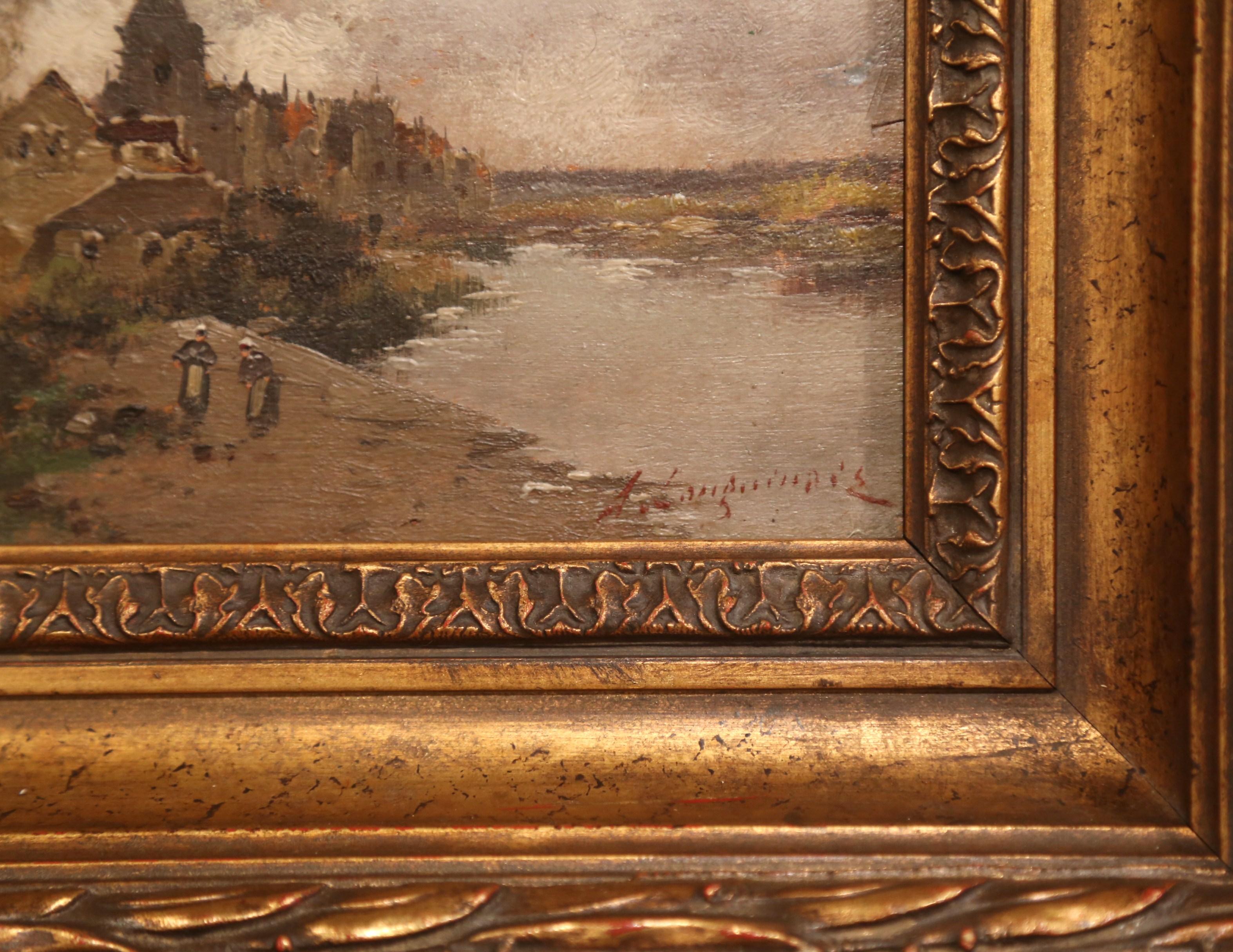 Pair of 19th Century French Oil on Board in Gilt Frames Signed A. Languinais For Sale 2