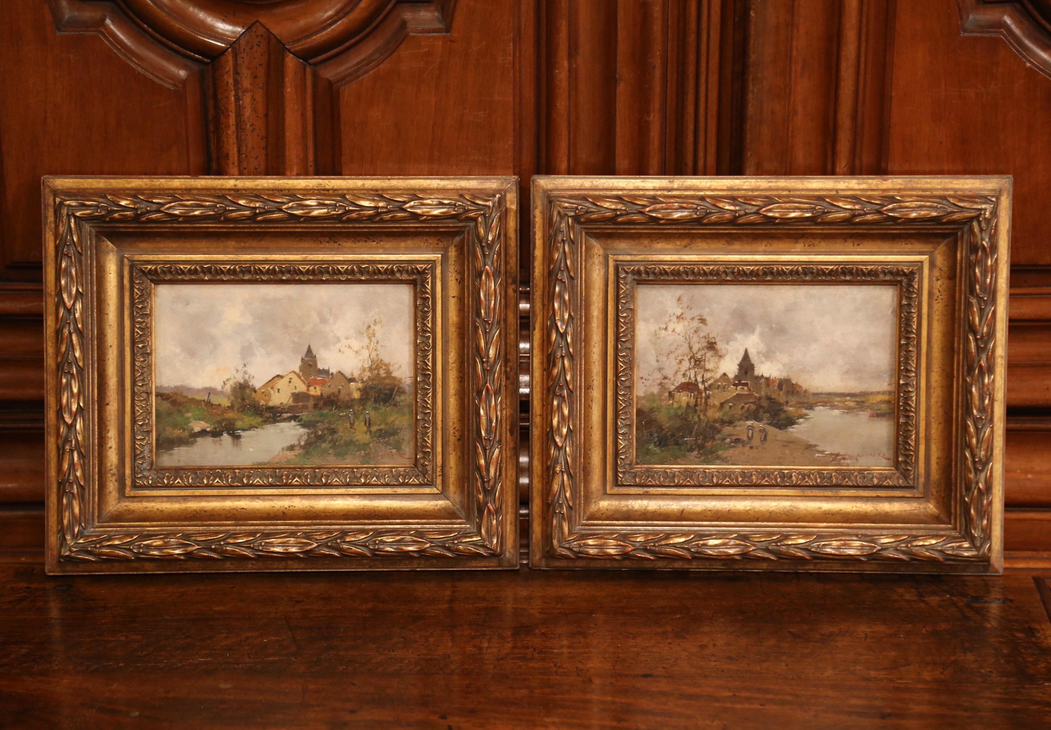 Pair of 19th Century French Oil on Board in Gilt Frames Signed A. Languinais For Sale 3