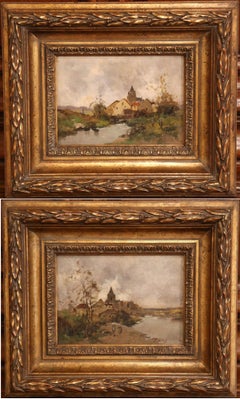 Pair of 19th Century French Oil on Board in Gilt Frames Signed A. Languinais