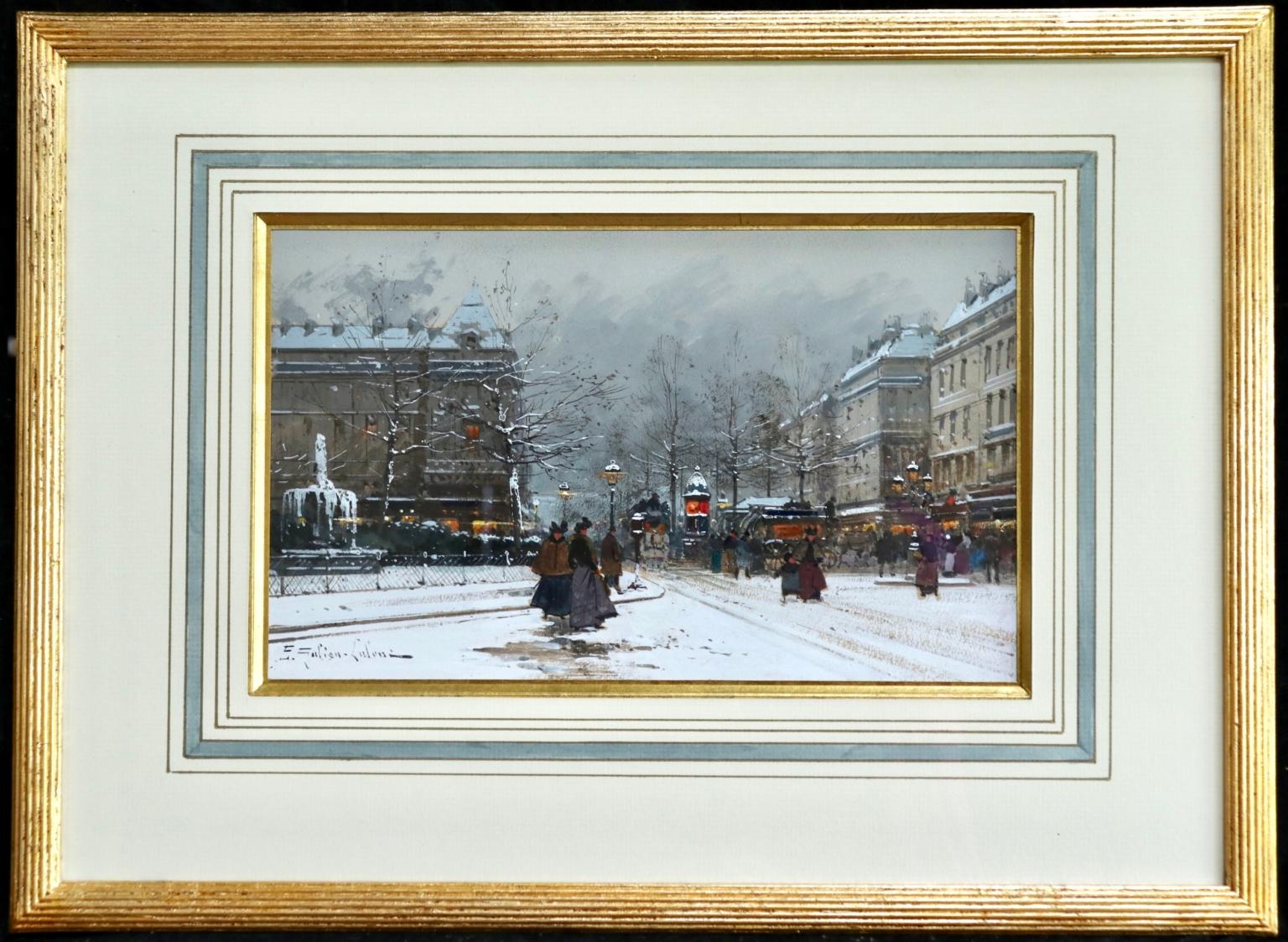 Paris sous la neige - Impressionist, Figures in Cityscape by E Galien-Laloue - Painting by Eugene Galien-Laloue