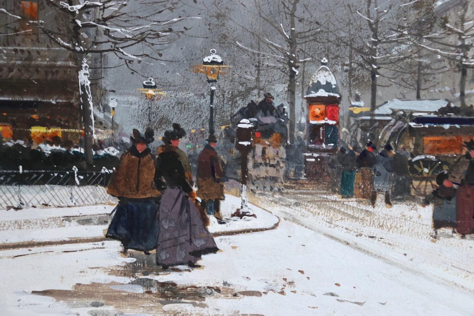 Paris sous la neige - Impressionist, Figures in Cityscape by E Galien-Laloue - Gray Figurative Painting by Eugene Galien-Laloue