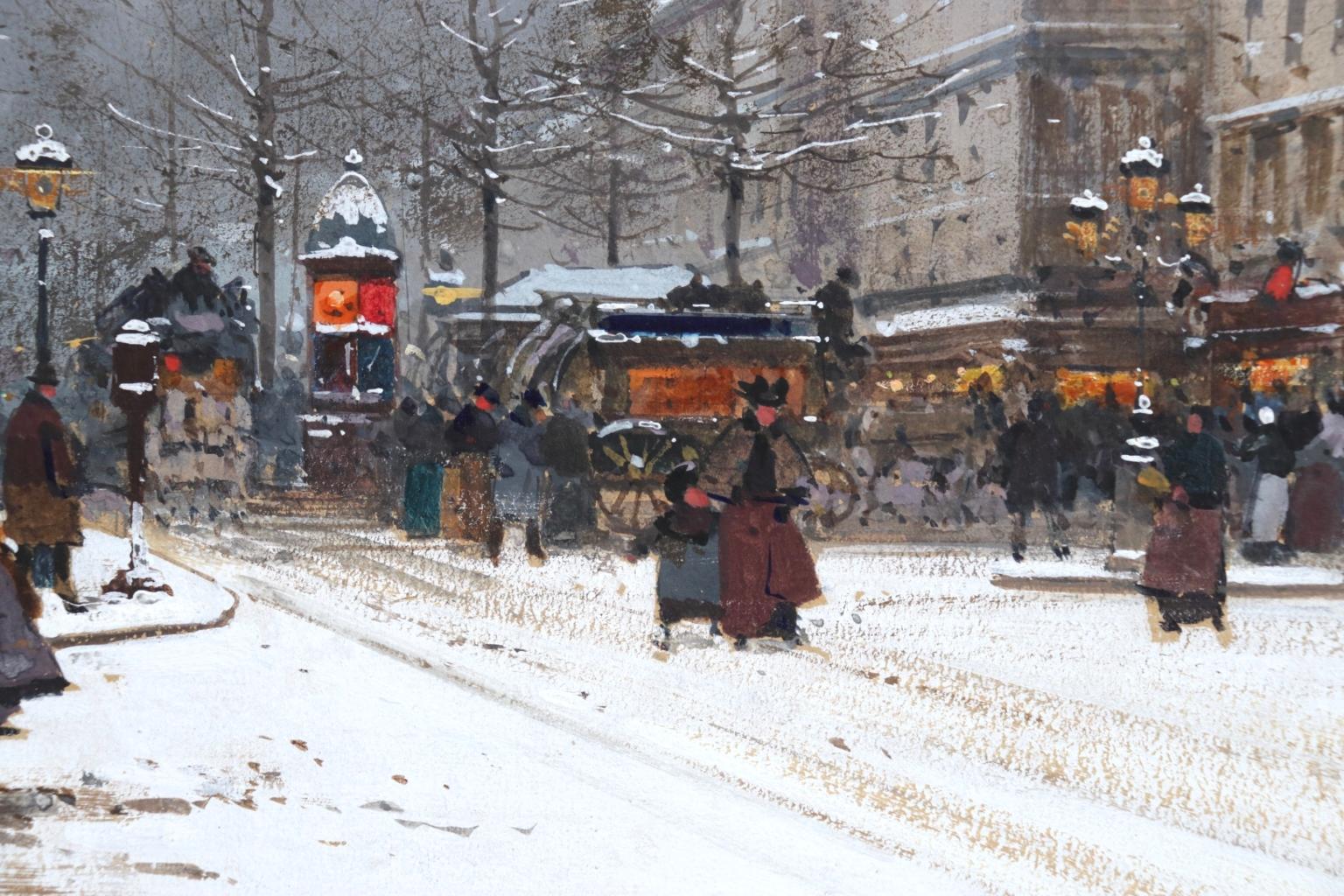 A beautiful gouache on paper circa 1900 by French impressionist painter Eugene Galien-Laloue depicting figures on the snowy streets of Paris. Signed lower left. 

Dimensions:
Framed: 13