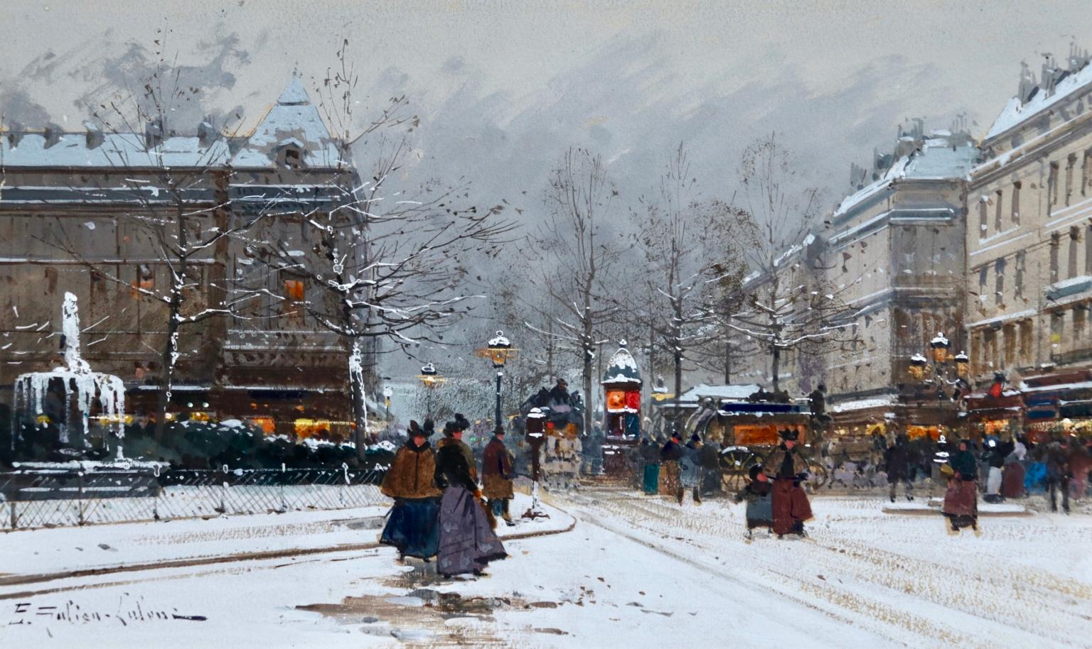 Eugene Galien-Laloue Figurative Painting - Paris sous la neige - Impressionist, Figures in Cityscape by E Galien-Laloue