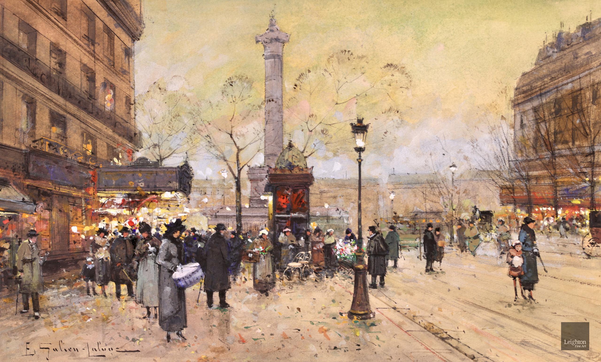 Signed impressionist gouache on board circa 1890 by sought after French painter Eugene Galien-Laloue. The piece depicts a bustling evening city scene at the Place de Bastille in Paris, France. A woman in the foreground is carrying a hat box and