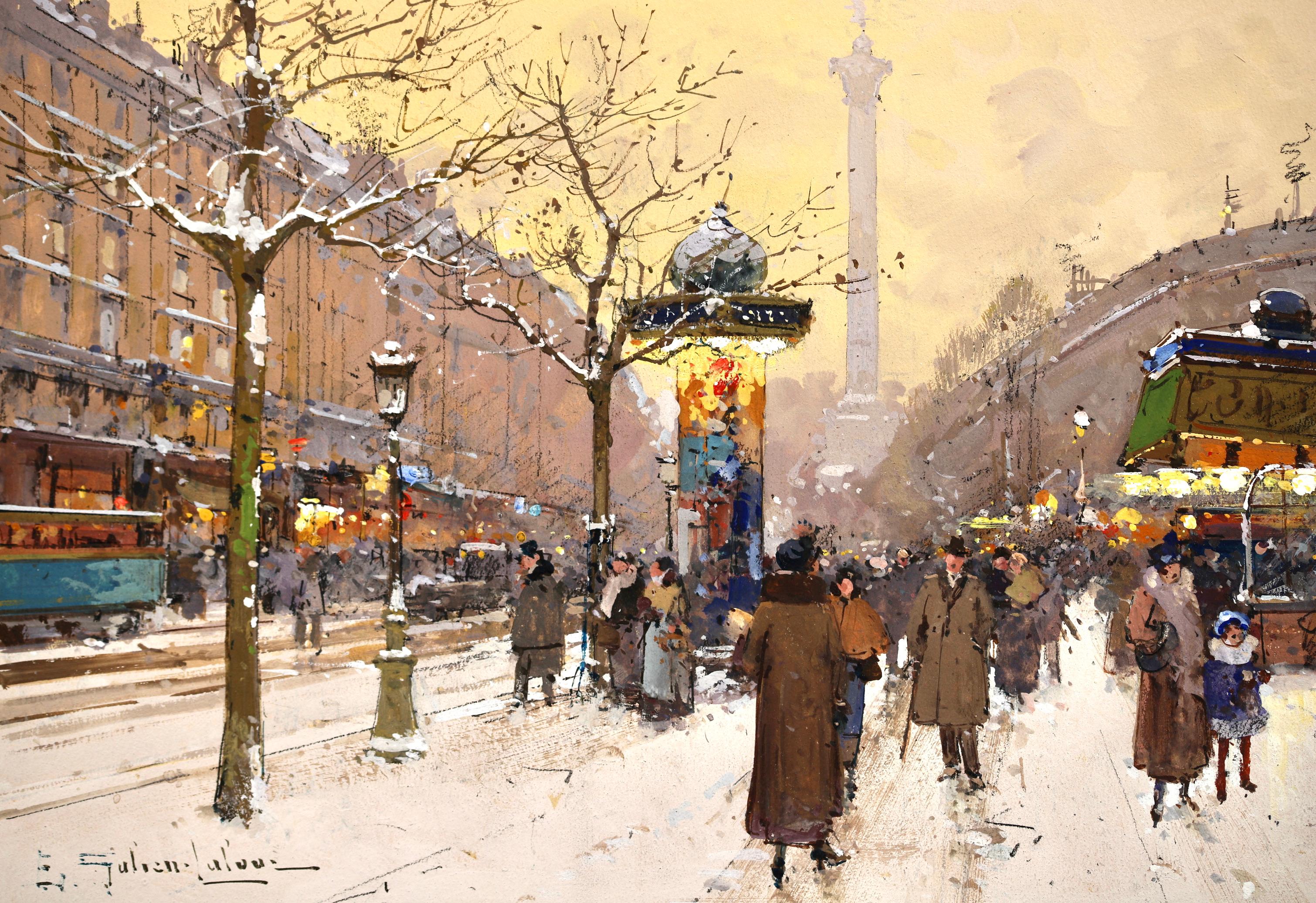 Place de la Bastille - Impressionist Snowy Cityscape by Eugene Galien-Laloue For Sale 6