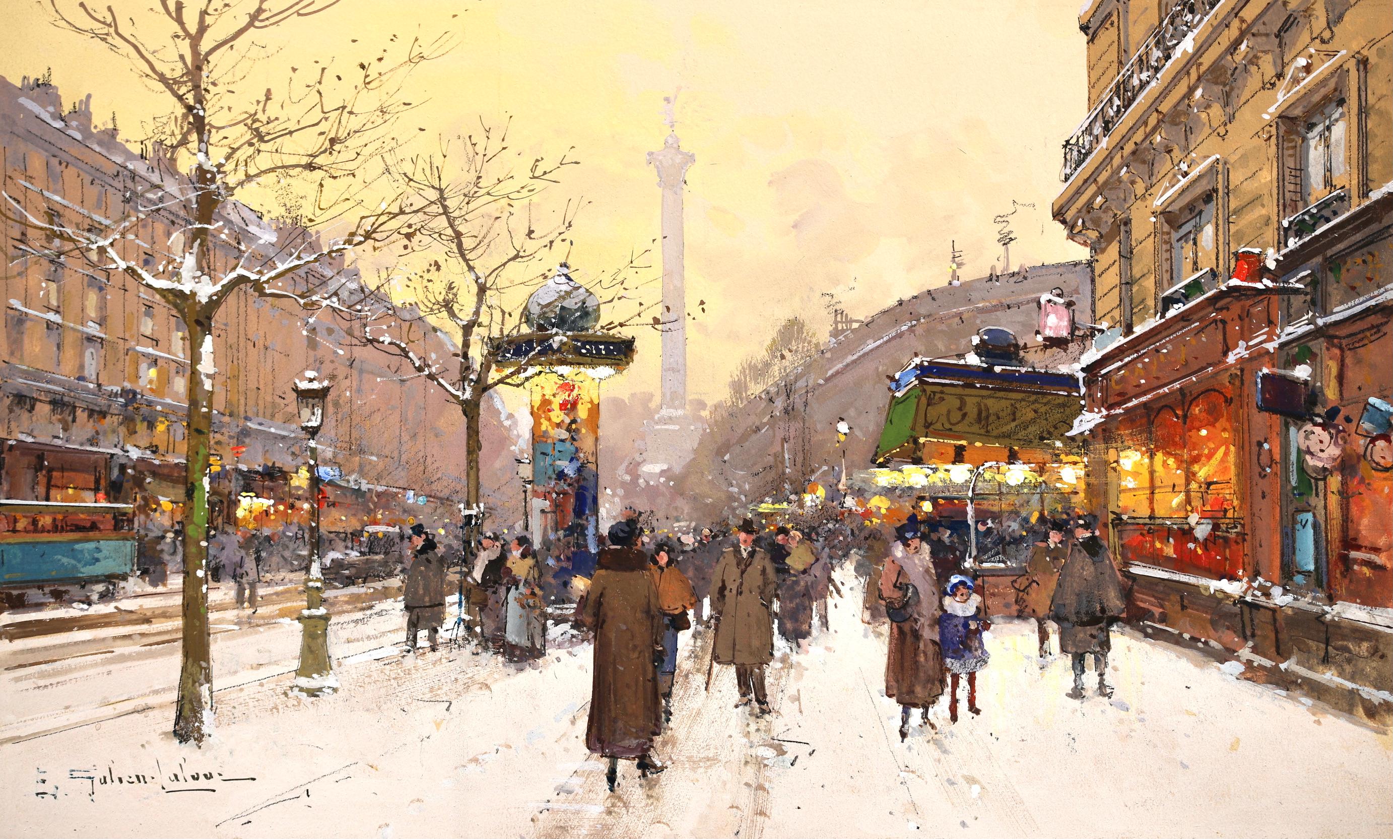 Place de la Bastille - Paysage urbain enneigé impressionniste d'Eugene Galien-Laloue