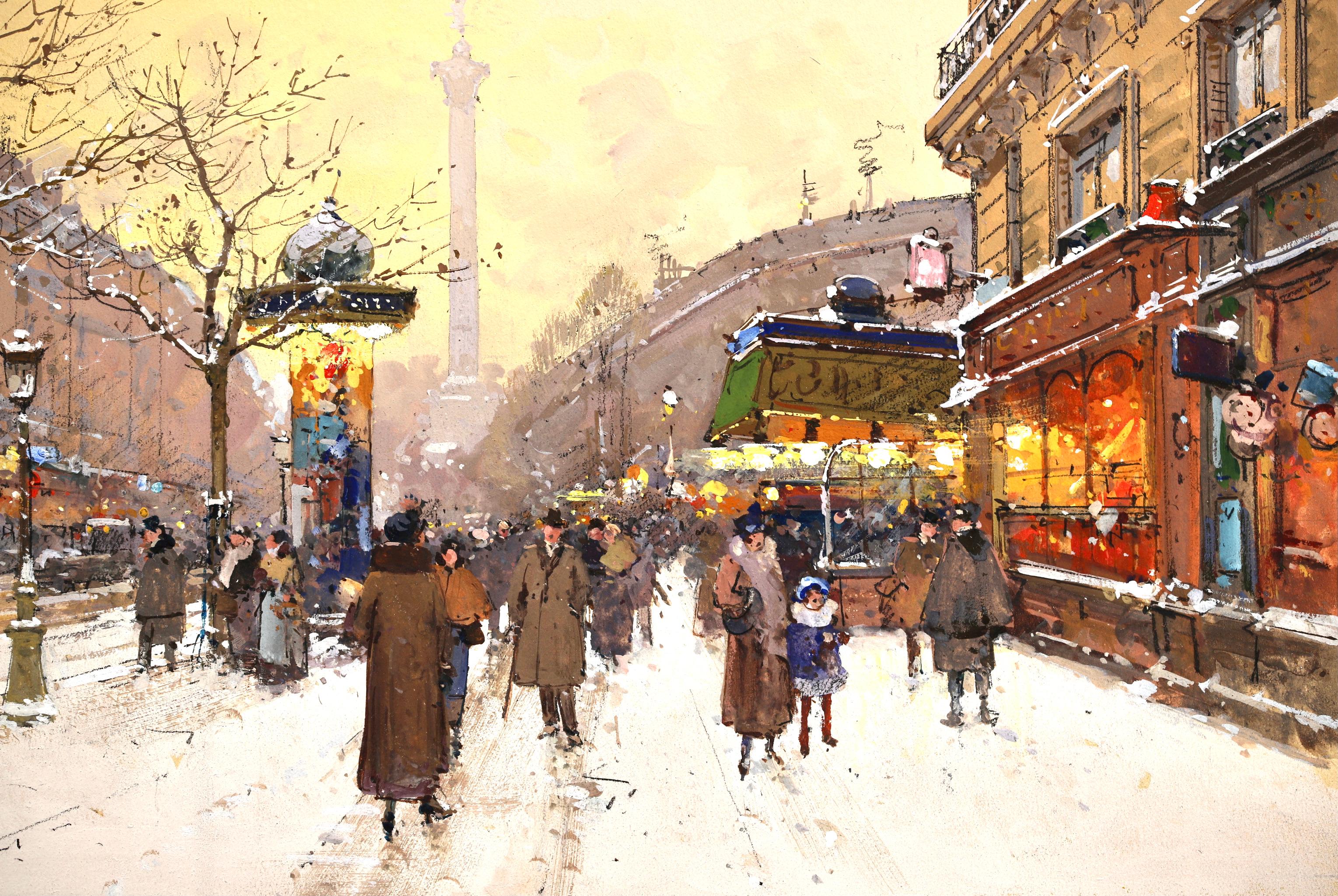Signed impressionist gouache on board circa 1890 by sought after French painter Eugene Galien-Laloue. The piece depicts a depicting a bustling city scene at the Place de Bastille in Paris. Snow lays thick on the ground and on the buildings and