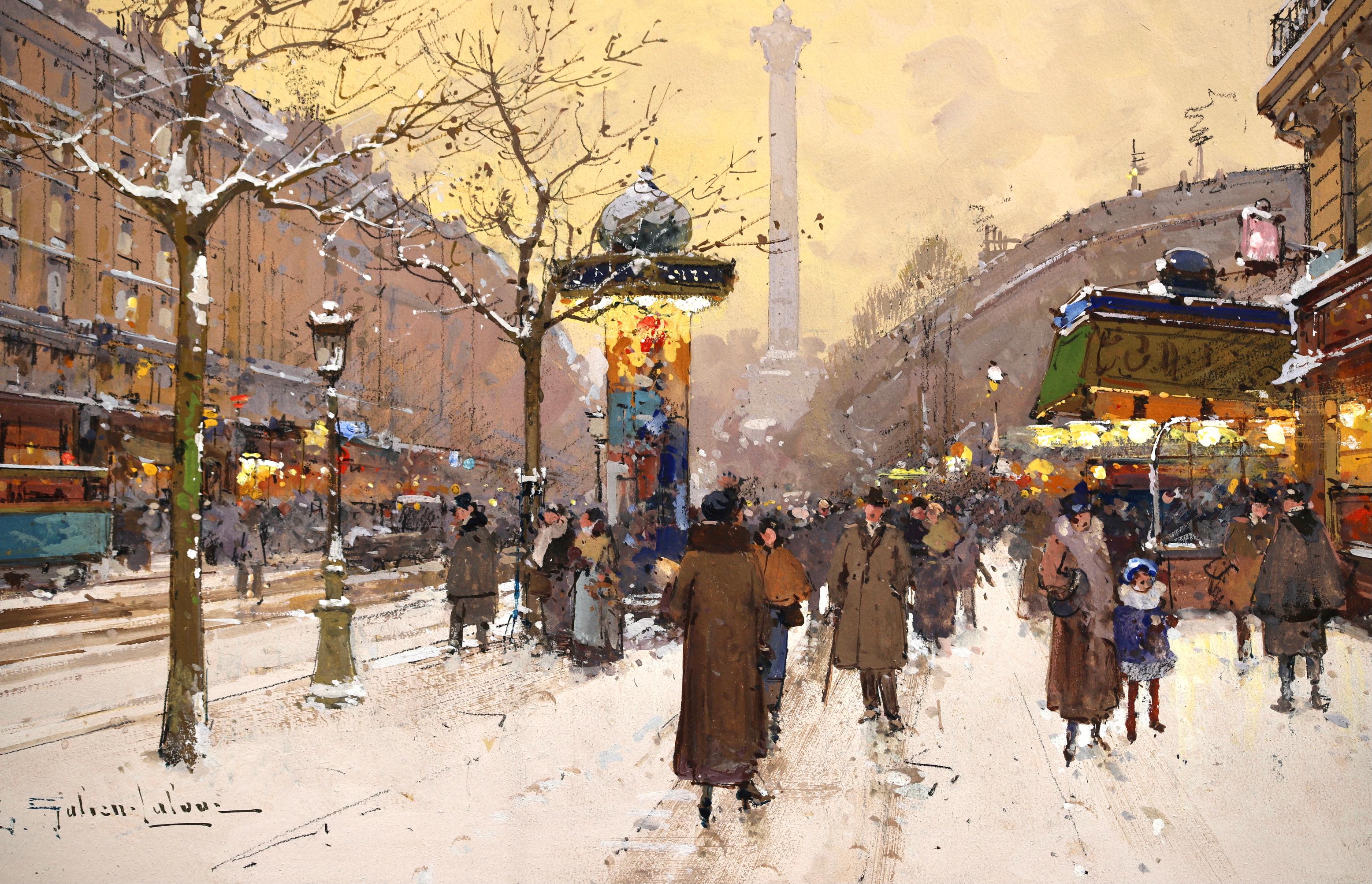 Place de la Bastille - Impressionist Snowy Cityscape by Eugene Galien-Laloue For Sale 1