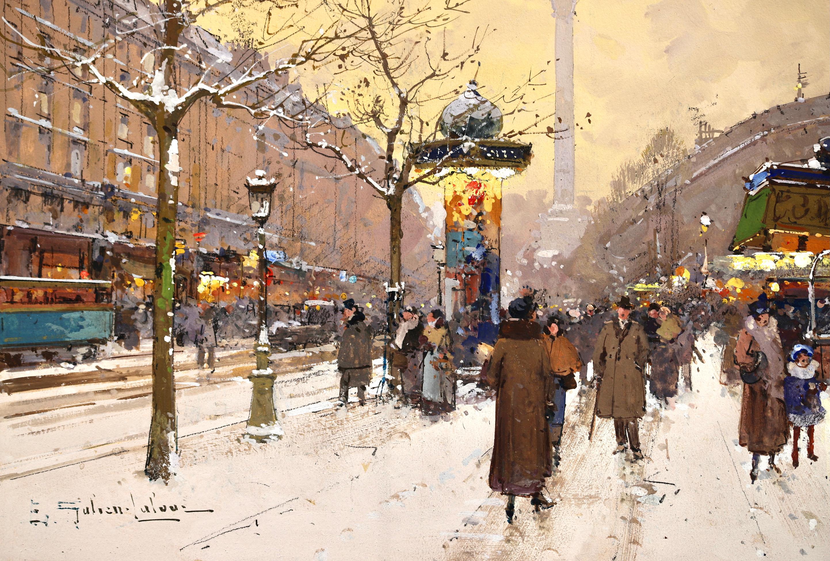 Place de la Bastille - Paysage urbain enneigé impressionniste d'Eugene Galien-Laloue en vente 2