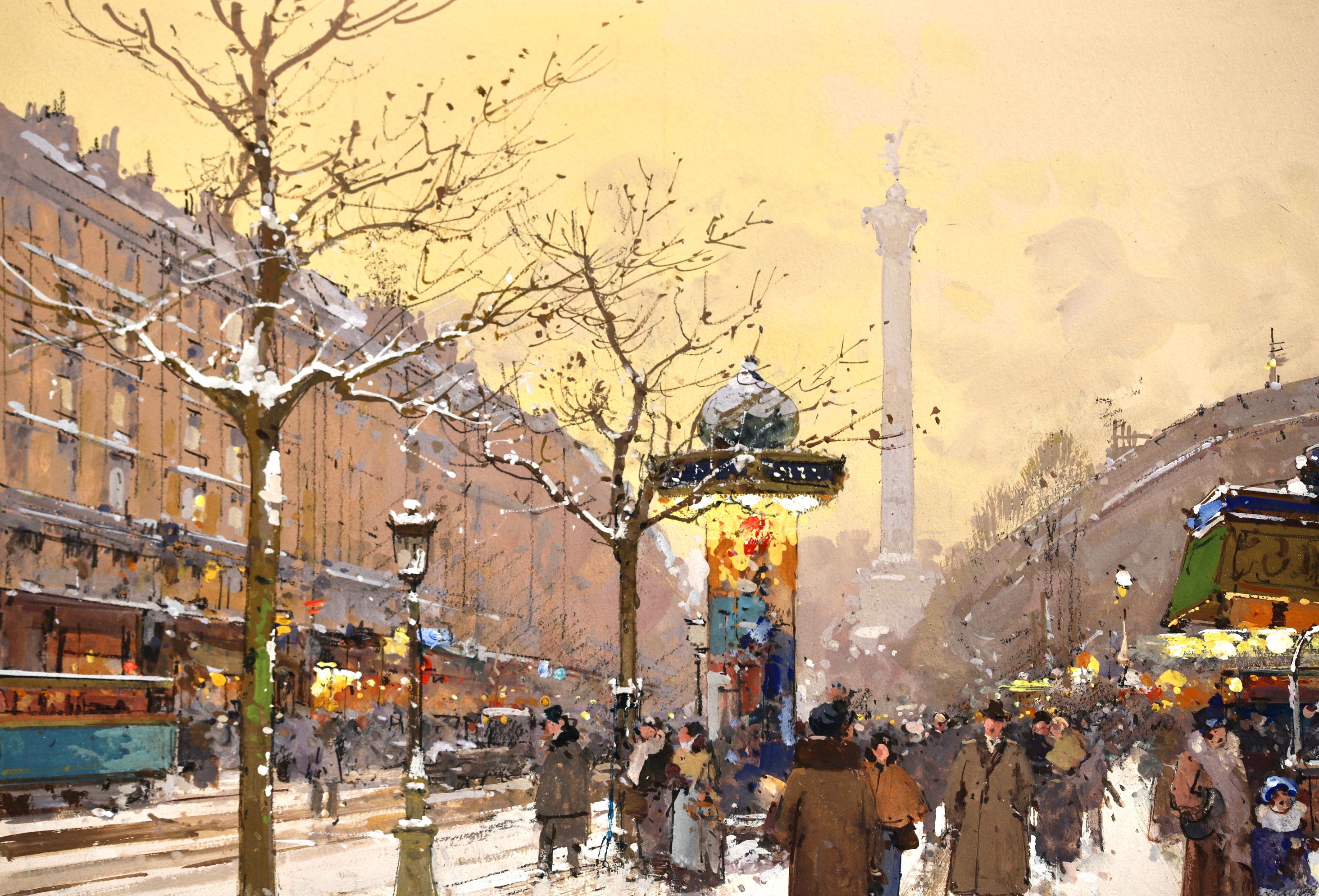 Place de la Bastille - Paysage urbain enneigé impressionniste d'Eugene Galien-Laloue en vente 3