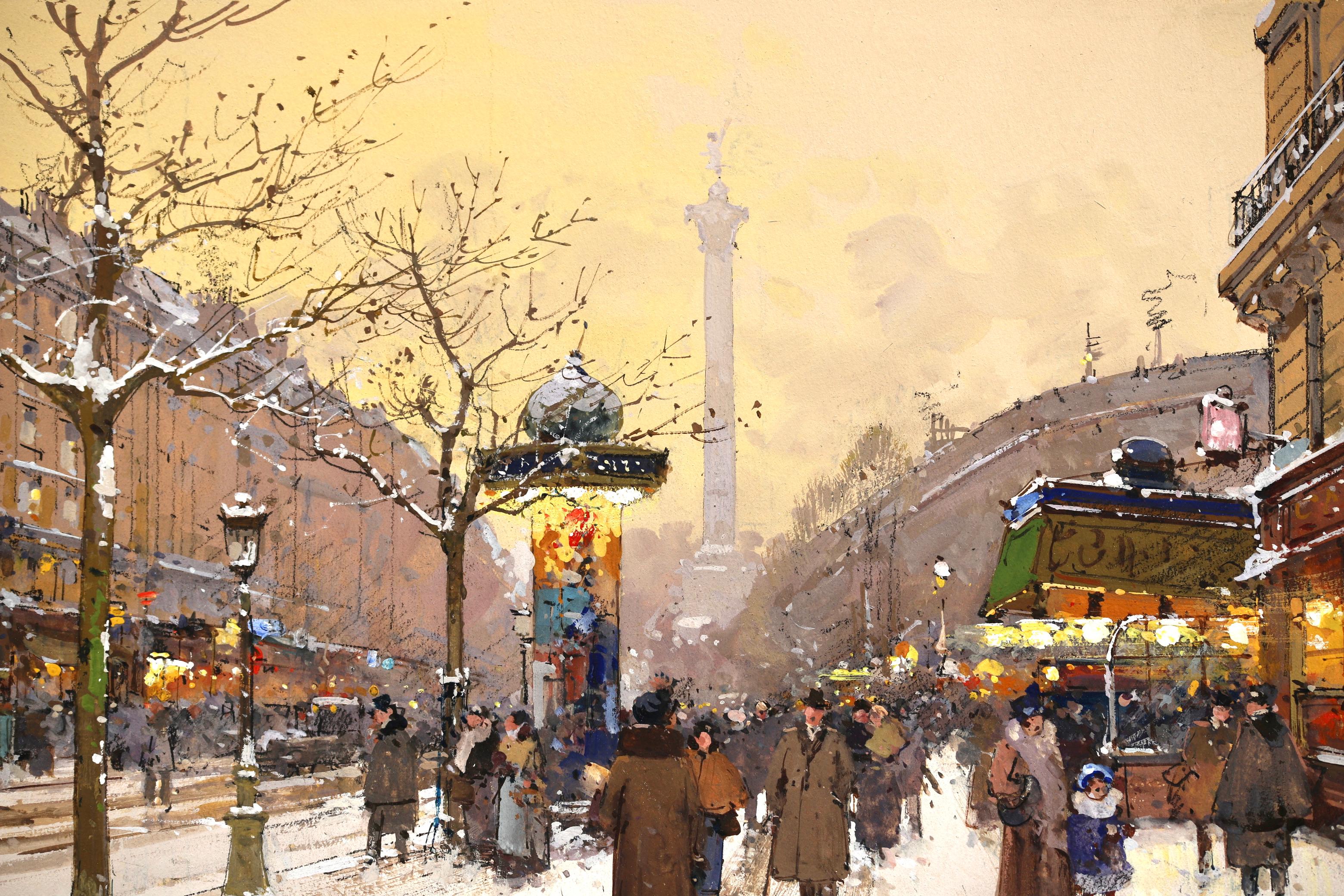 Place de la Bastille - Paysage urbain enneigé impressionniste d'Eugene Galien-Laloue en vente 4