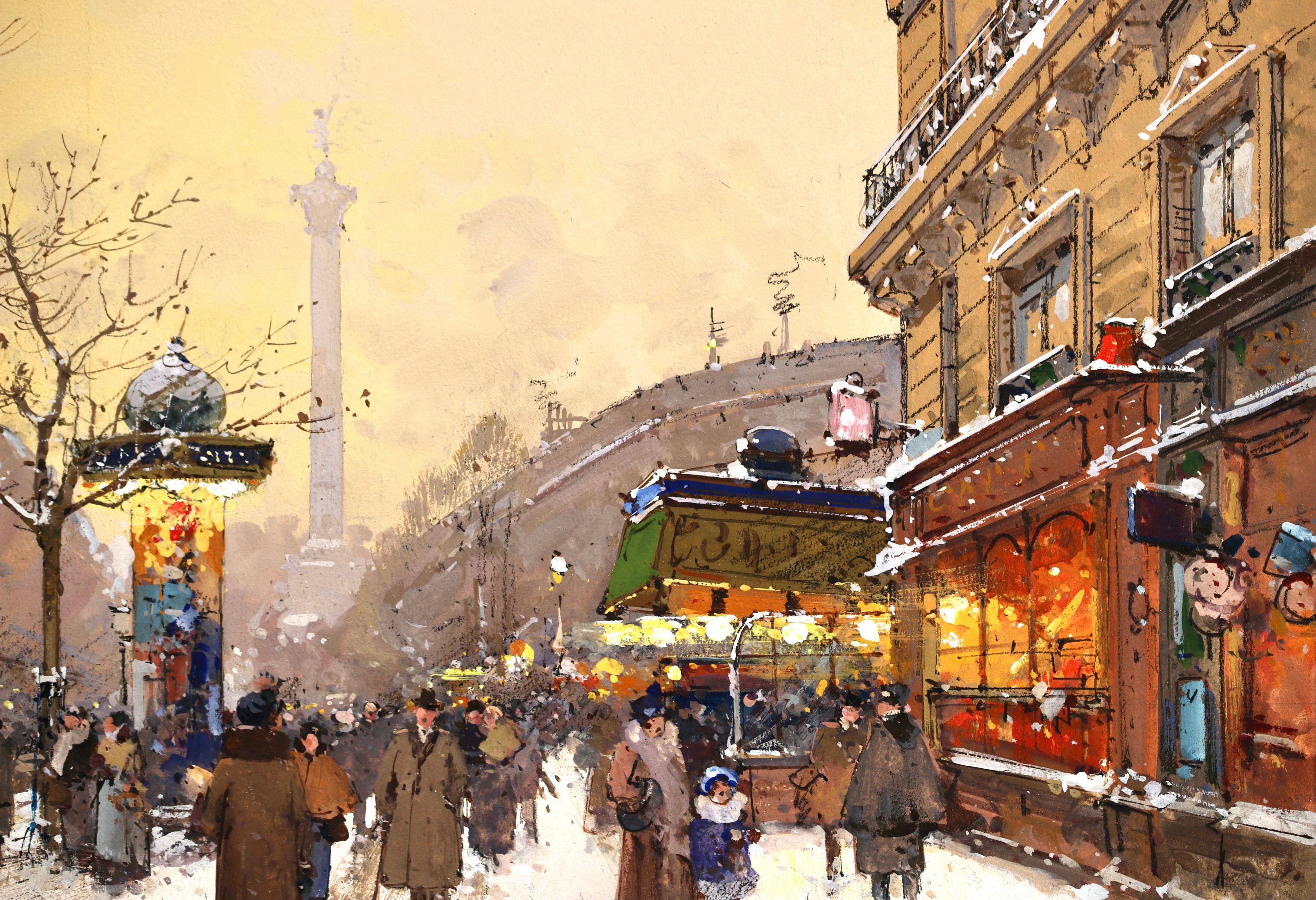 Place de la Bastille - Impressionist Snowy Cityscape by Eugene Galien-Laloue For Sale 5