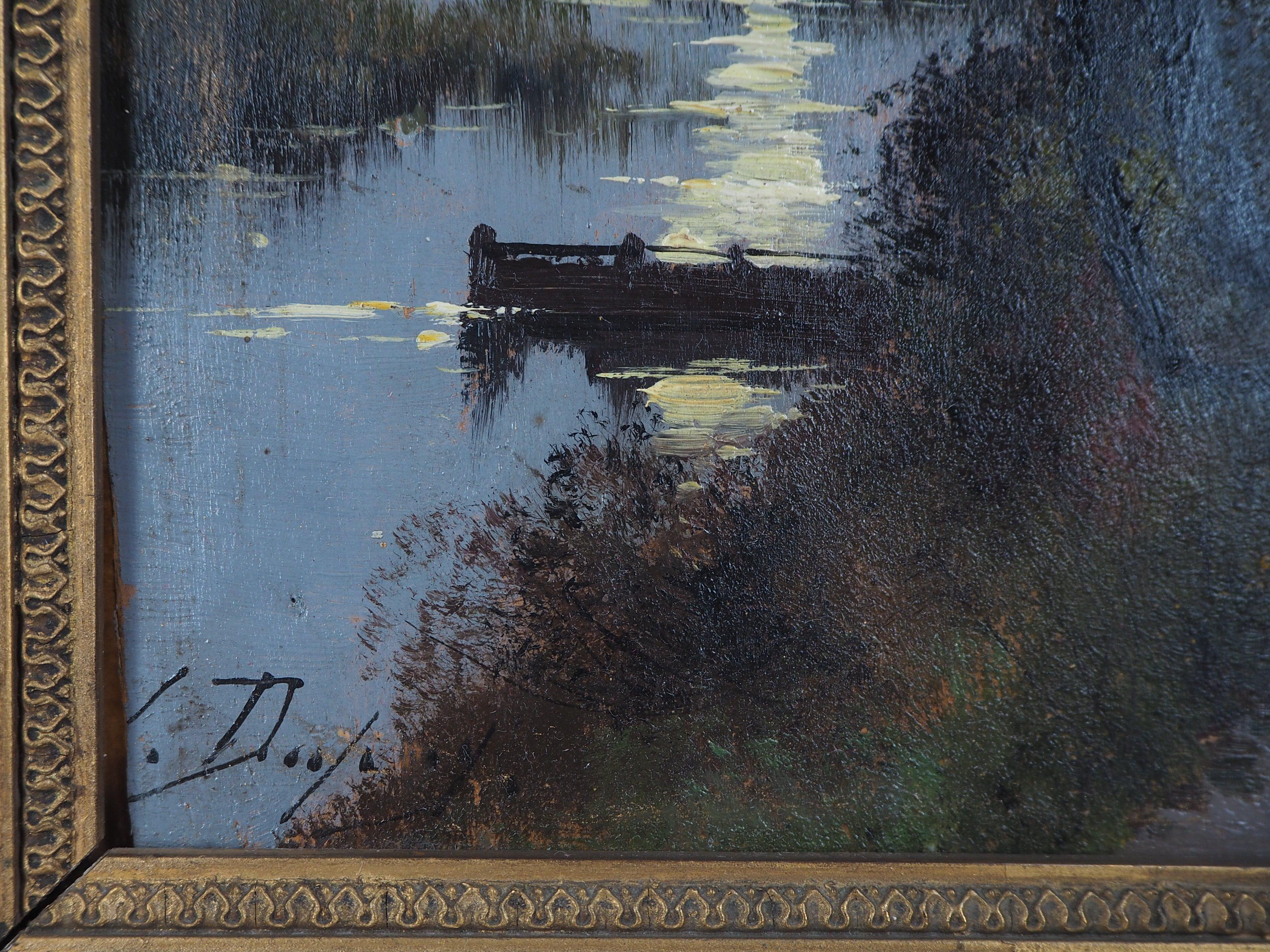 River at the Moonlight - Original painting on board - Signed - Painting by Eugene Galien-Laloue