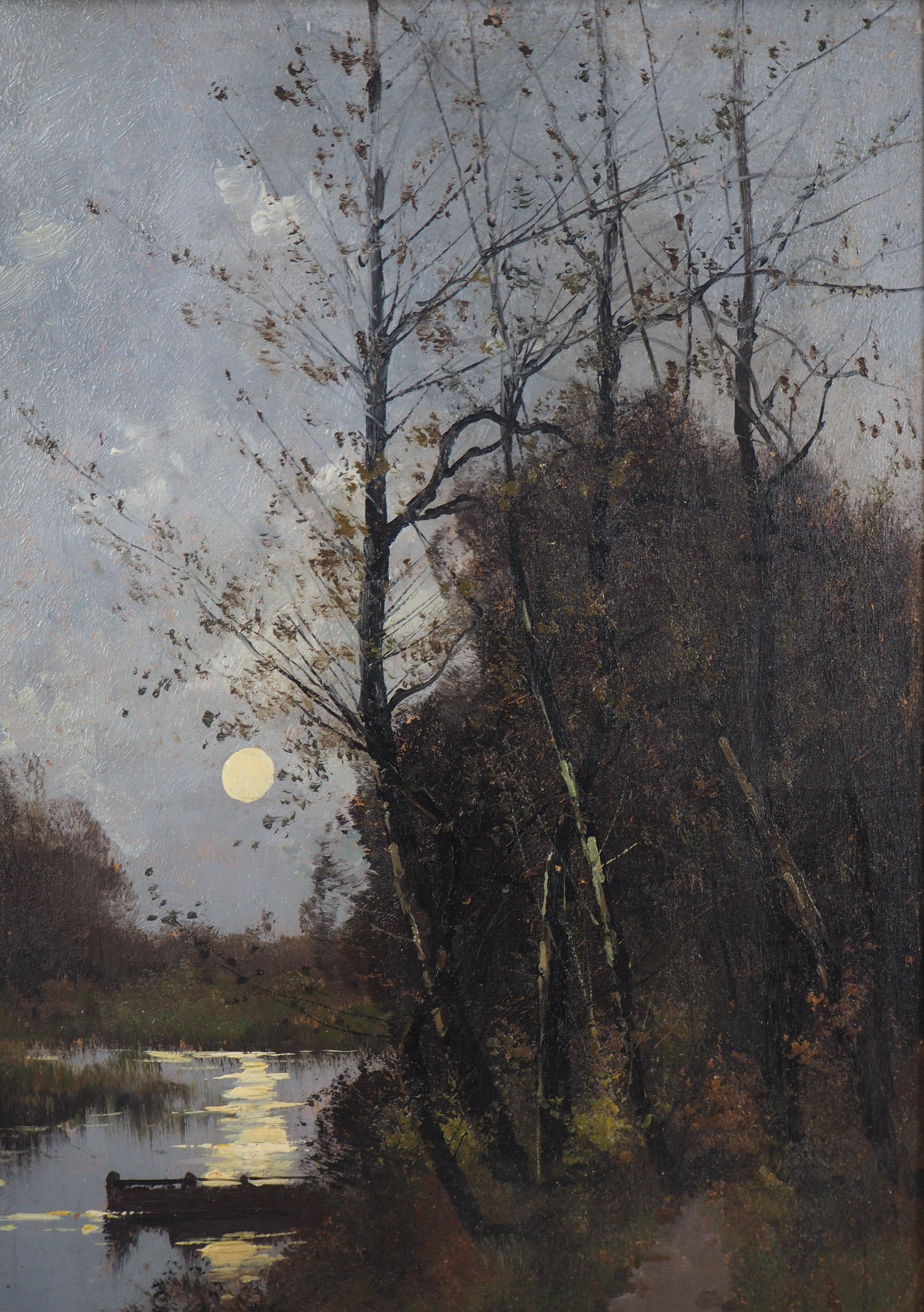 River at the Moonlight - Original painting on board - Signed - Post-Impressionist Painting by Eugene Galien-Laloue