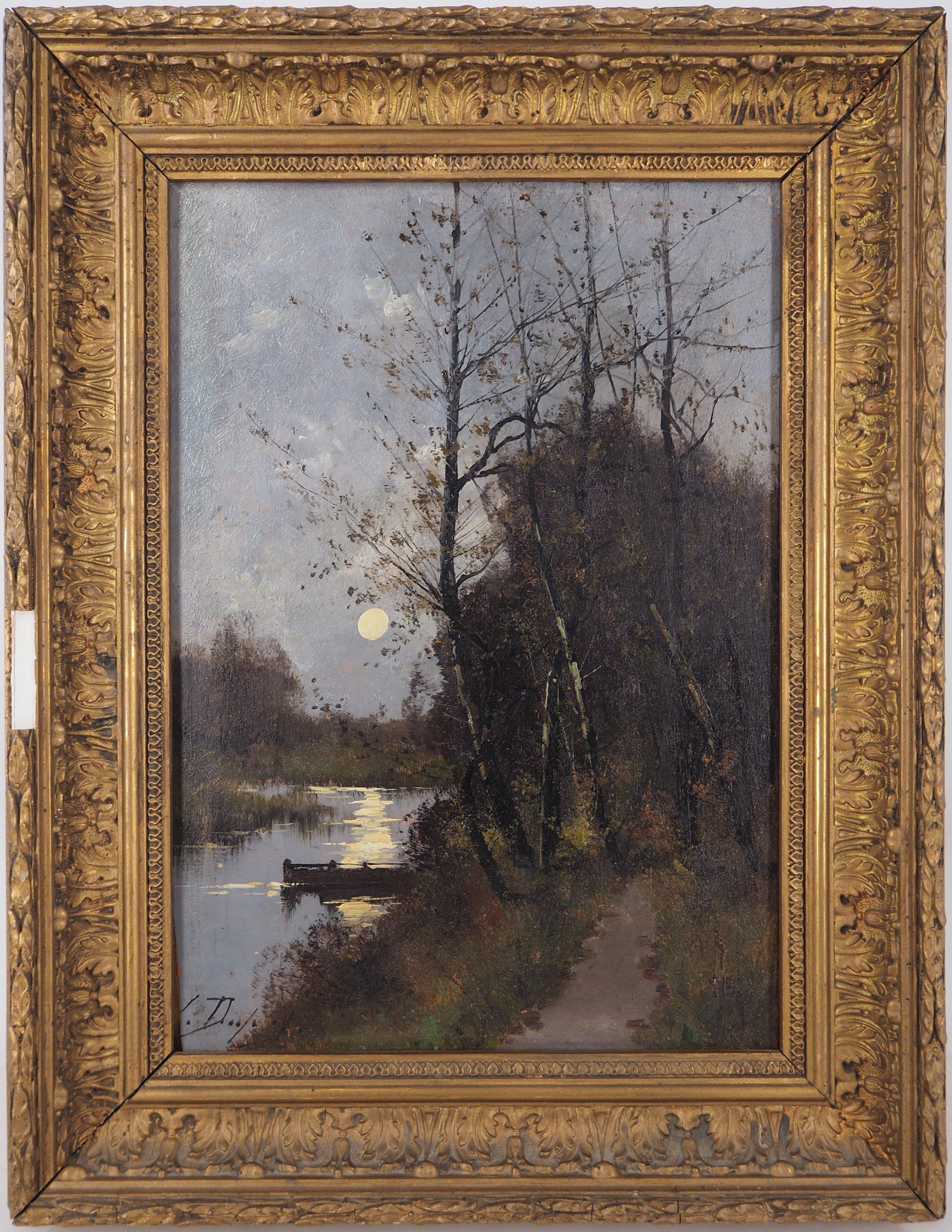 Eugene Galien-Laloue Landscape Painting - River at the Moonlight - Original painting on board - Signed