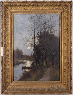 River at the Moonlight - Original painting on board - Signed